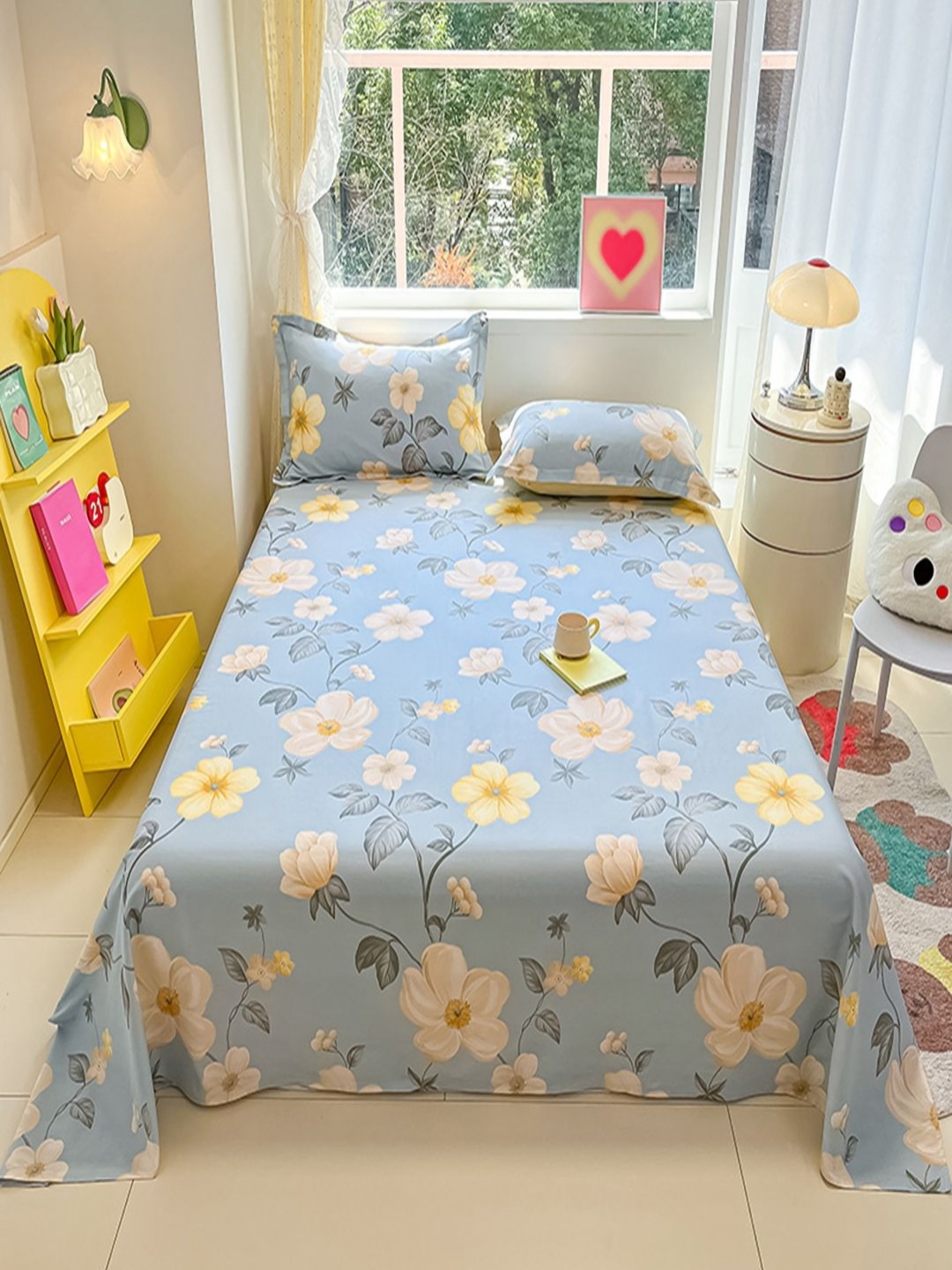 

JC HOME Blue & Yellow Floral Pure Cotton 220 TC King Bedsheet Set 2 m x 2.30 m