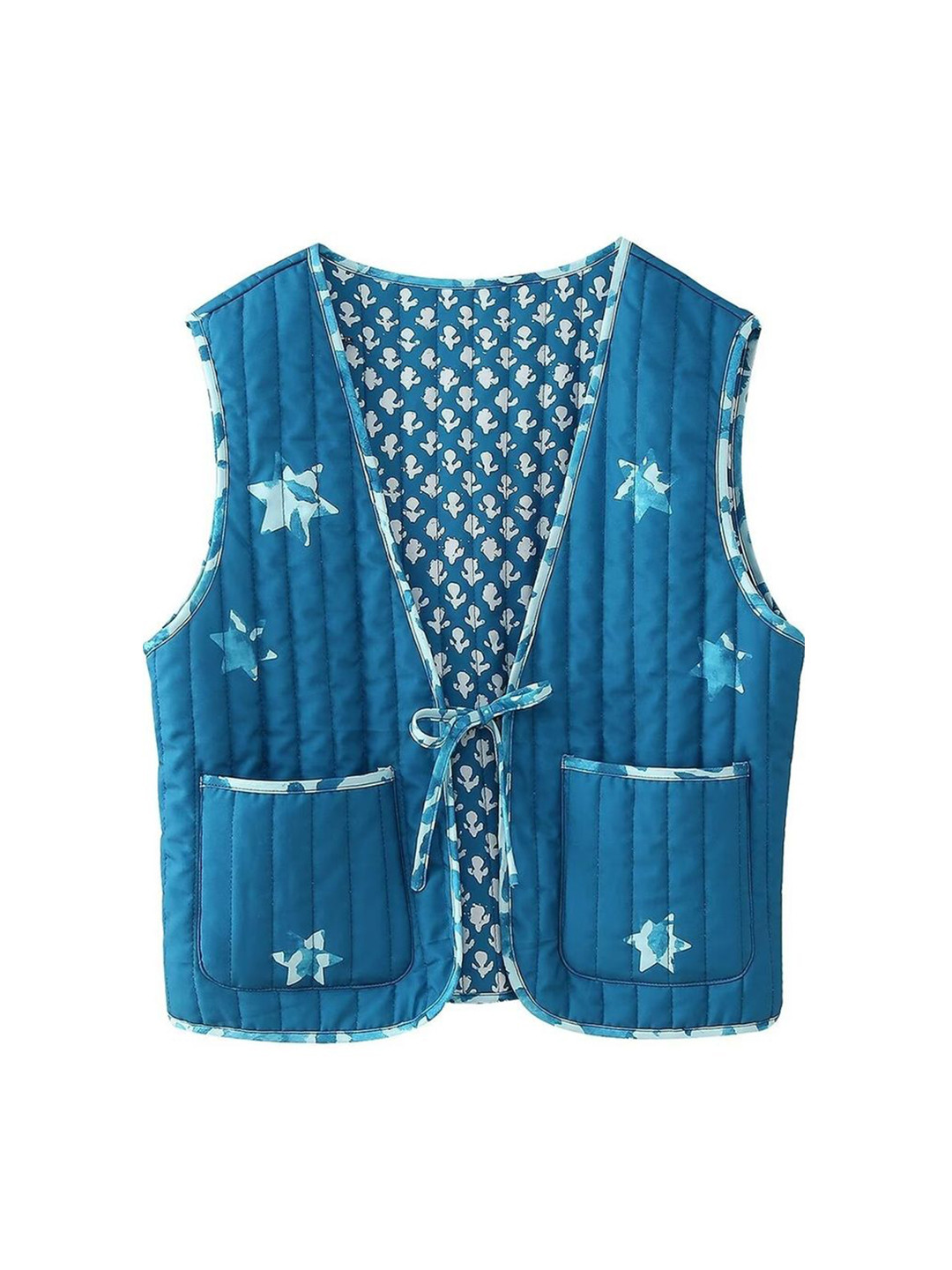

LULU & SKY Women Collarless Conversational Printed Casual Open Front Jacket, Blue
