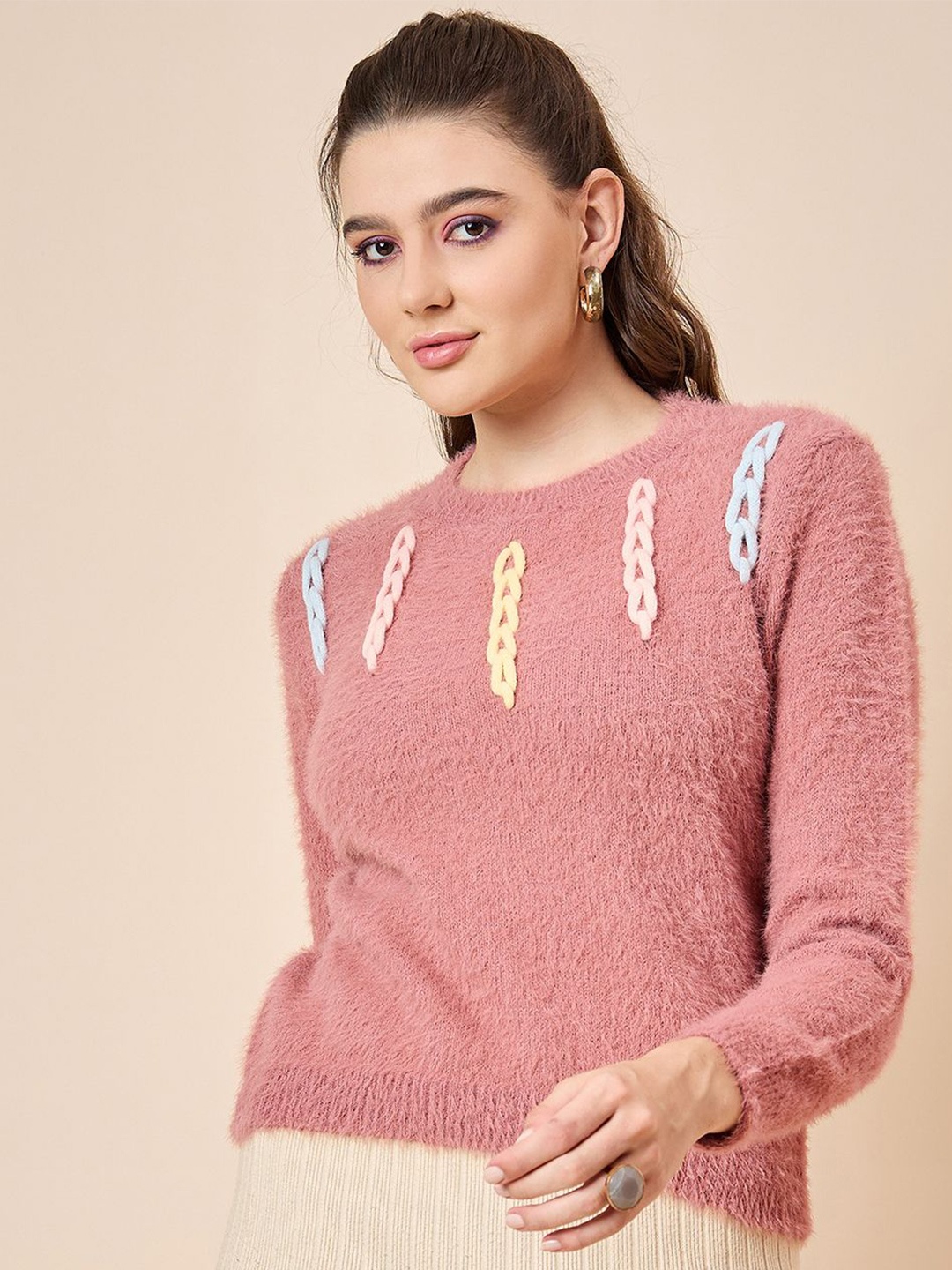 

KASMA Women Self Design Boucle Woollen Pullover, Pink