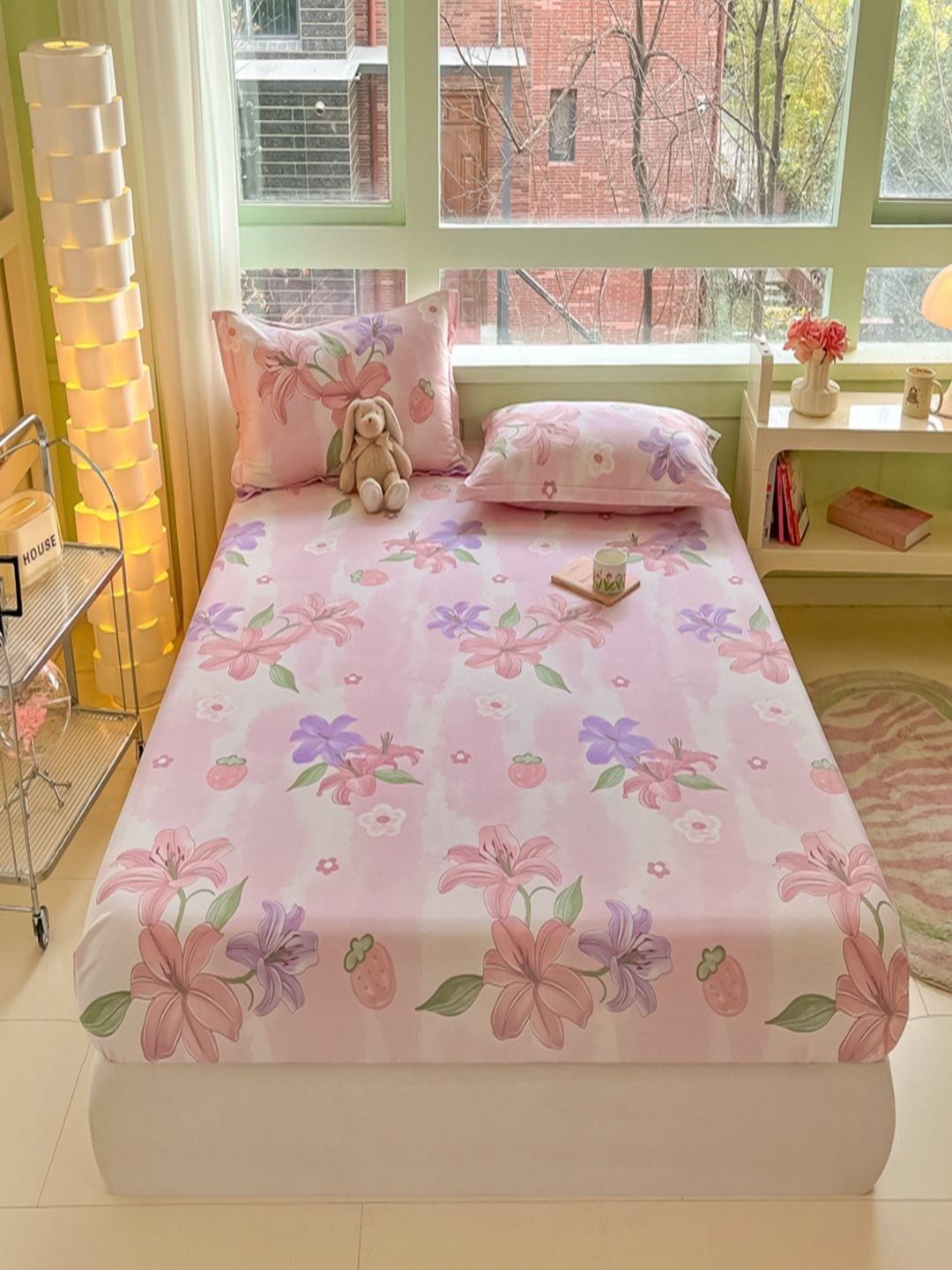 

JC HOME Pink & Blue Floral Cotton 220 TC Fitted Double Queen Bedsheet Set-1.5 m x 2 m