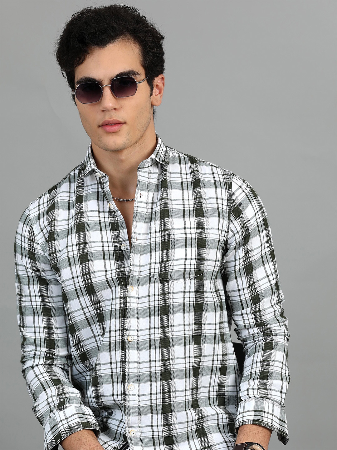 

HOUSE OF MAHNOTS Men Classic Spread Collar Tartan Checked Cotton Casual Shirt, White