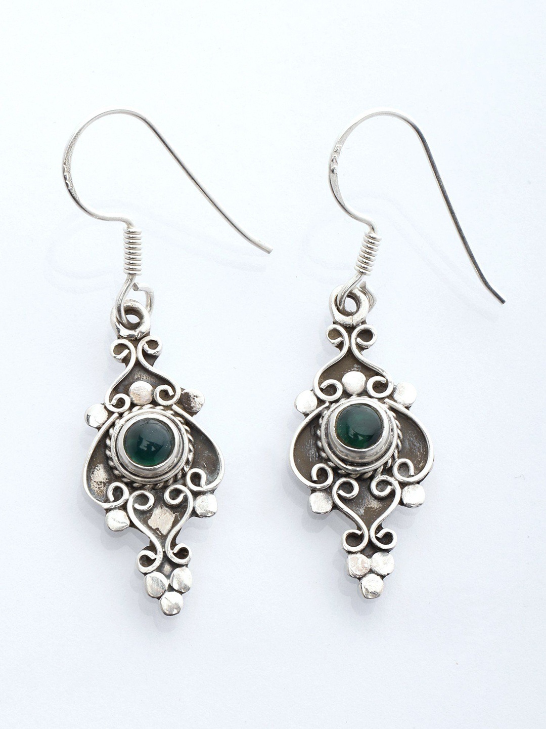 

Exotic India Sterling Silver Hook Dangle Earrings with Green Onyx