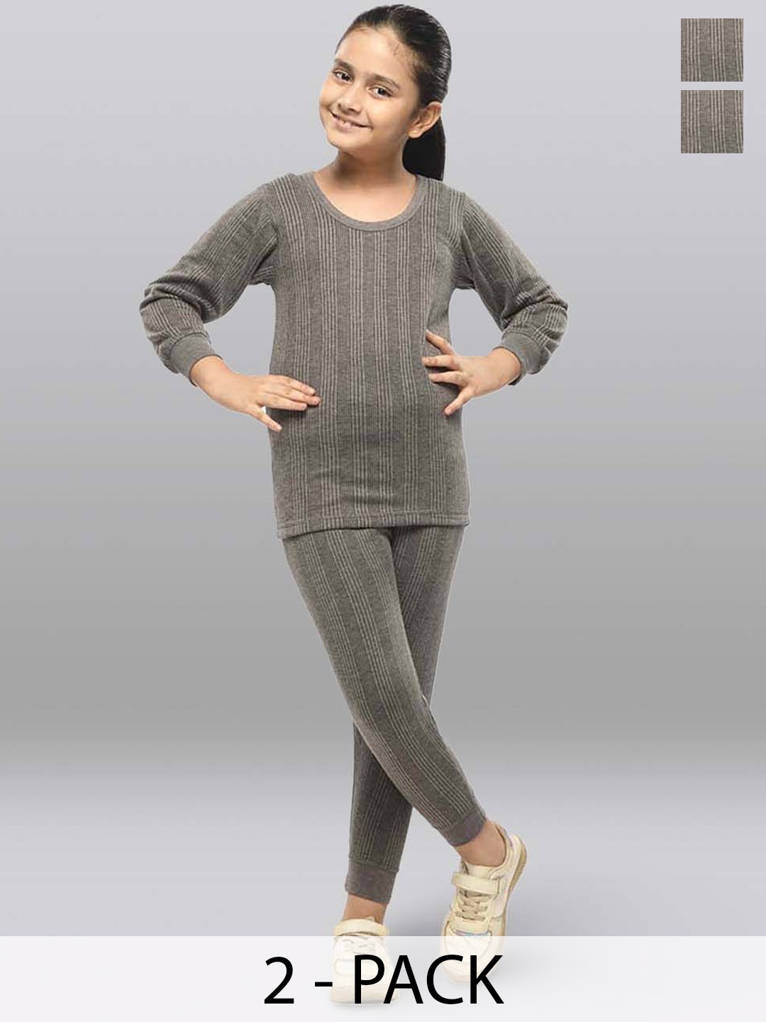 

INFERNO Girls Pack Of 2 Striped Cotton Thermal Set, Charcoal