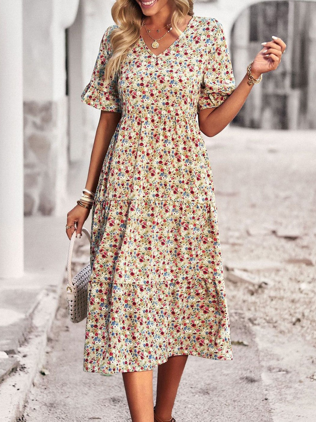 

StyleCast Women Floral Printed A-Line Midi Dress, Khaki