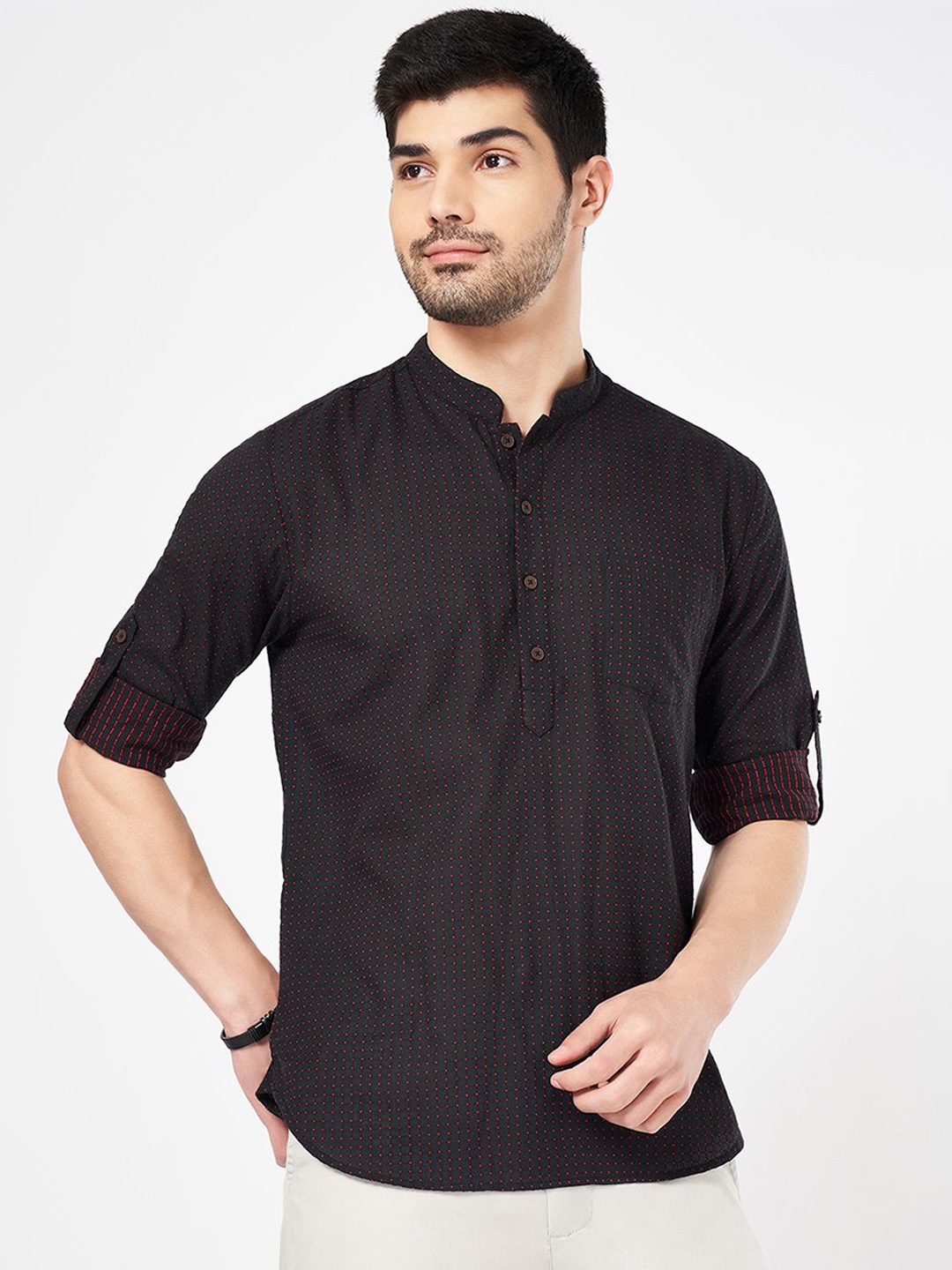 

indus route by Pantaloons Geometric Printed Mandarin Collar Cotton Straight Kurta, Black