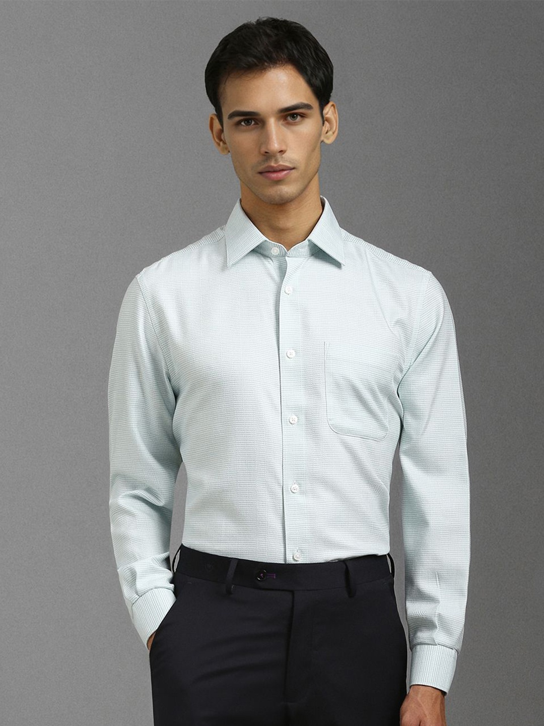 

Louis Philippe Men Classic Spread Collar Textured Cotton Formal Shirt, Turquoise blue