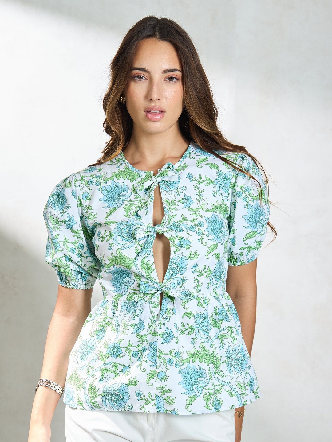 

Virgio Women Cotton Round Neck Crop Length Floral Elbow Sleeve Top, White