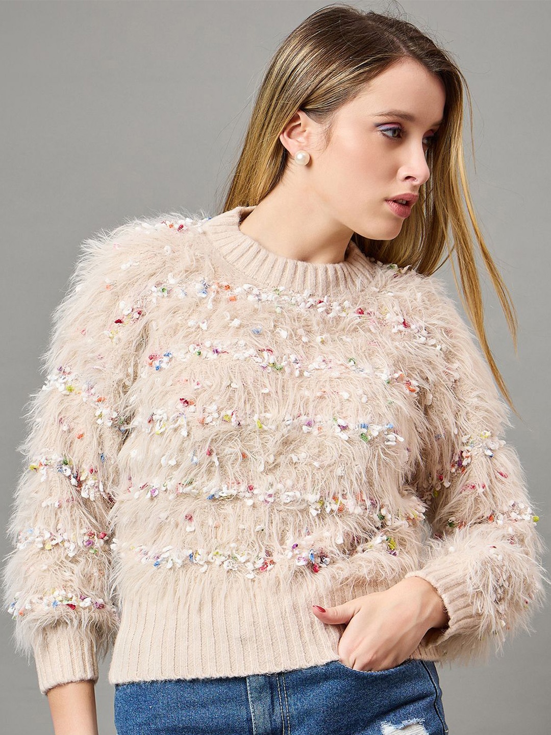 

KASMA Women Boucle Woollen Self Design Pullover Sweater, Beige