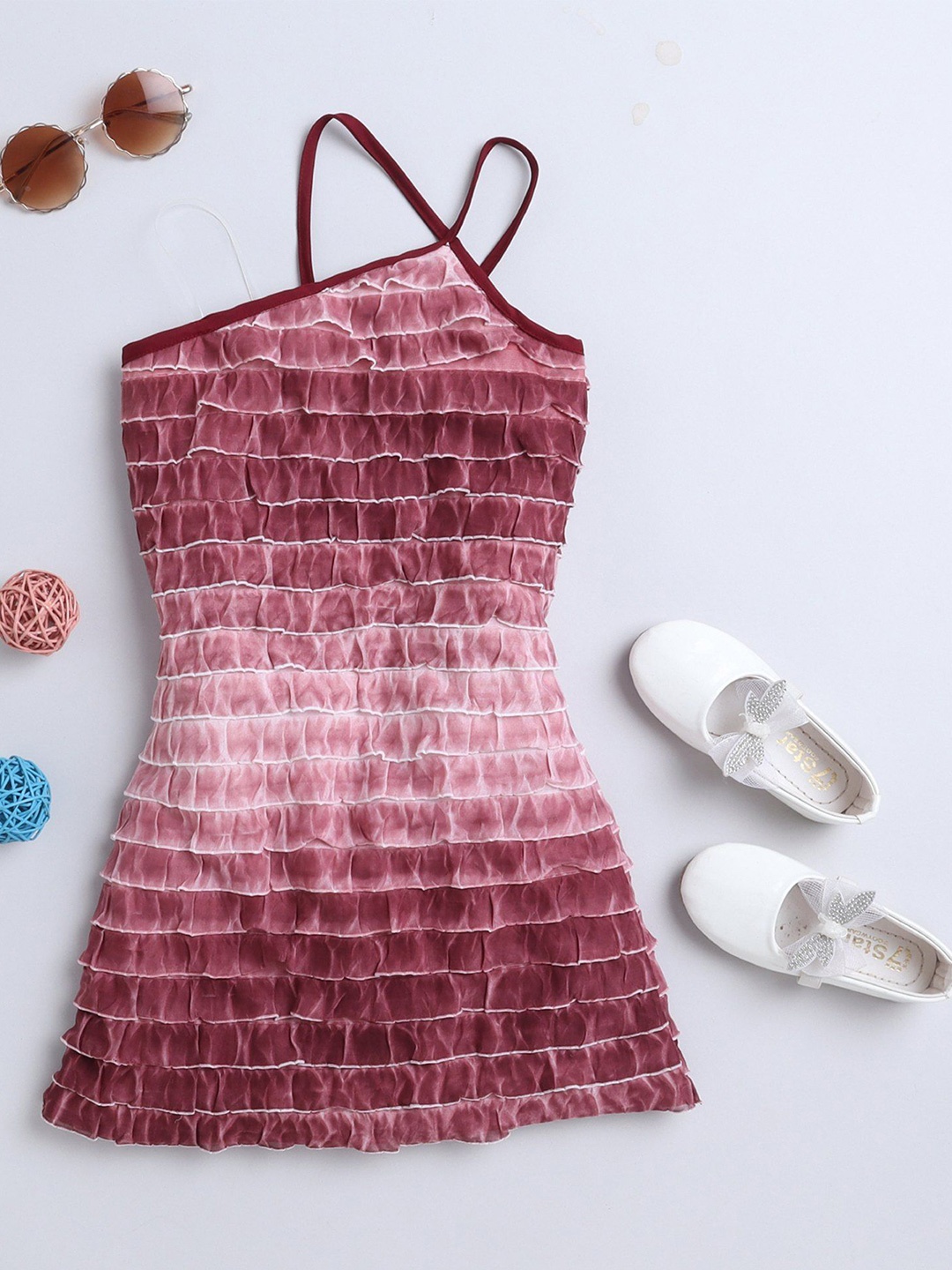 

taffykids Girls Tie and Dye Printed Halter Neck A-Line Dress, Maroon