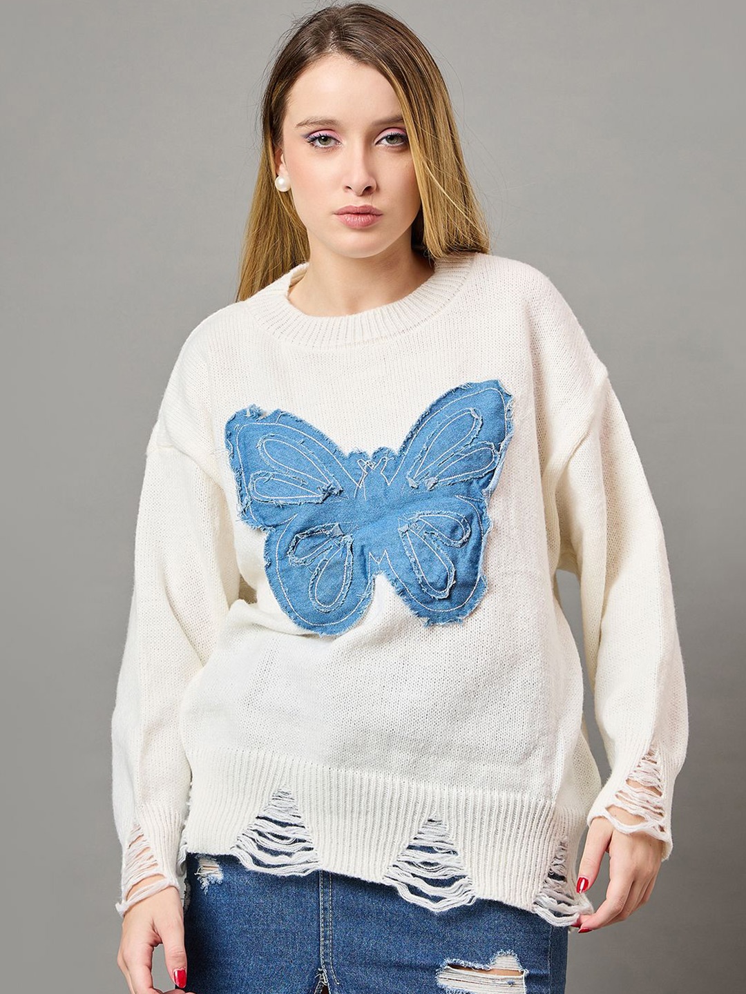 

KASMA Women Quirky Woollen Self Design Pullover Sweater with Embellished Detail, White