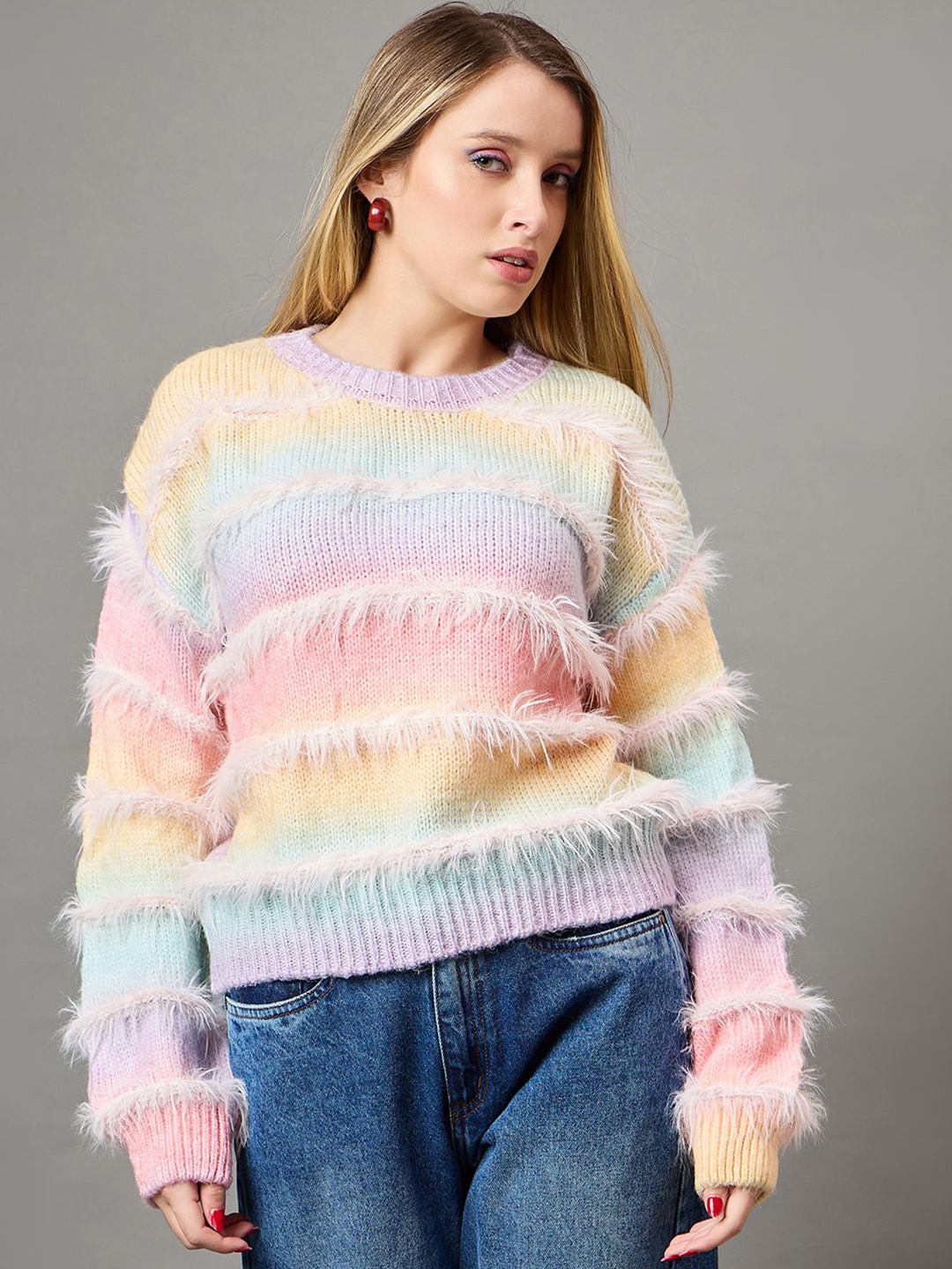 

KASMA Women Colourblocked Woollen Pullover Sweater, Pink