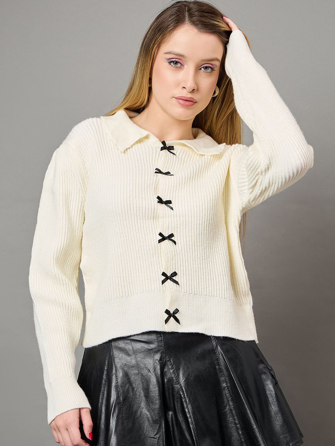 

KASMA Women Striped Woollen Pullover, White