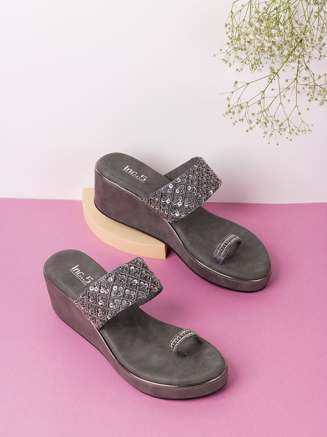 

Inc 5 Women Embellished Party Wedge Sandals with Laser Cuts, Grey