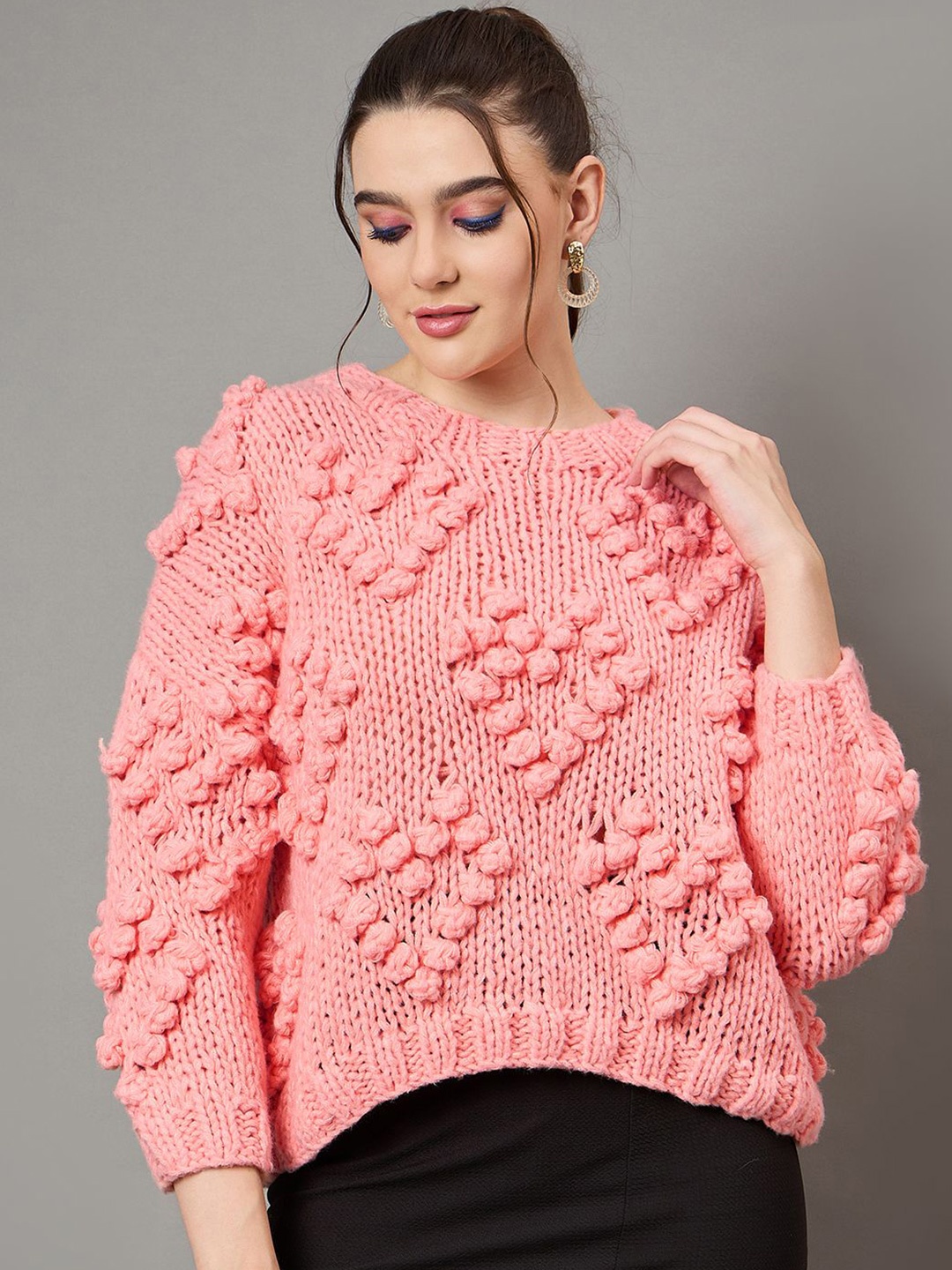 

KASMA Women Self Design Cable Knit Woollen Pullover, Pink