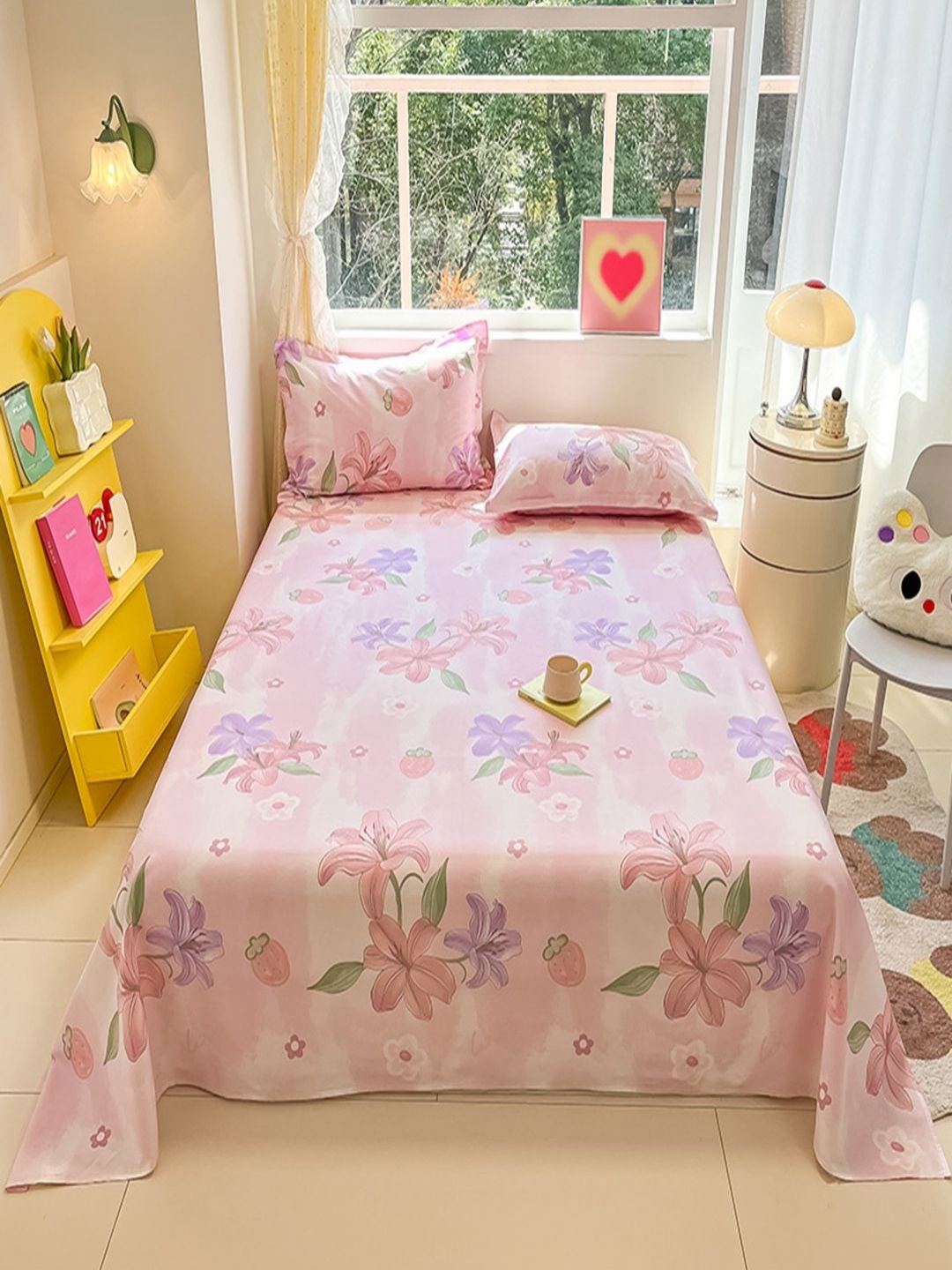 

JC HOME Pink & Purple Floral Printed Pure Cotton 220 TC Queen Bedsheet Set