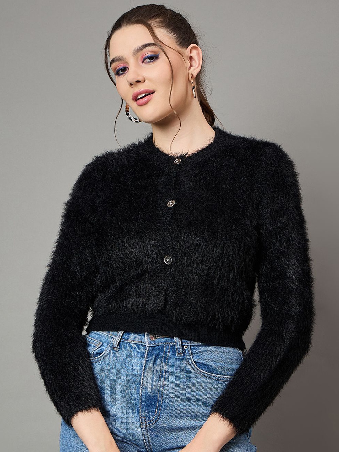 

KASMA Women Round Neck Woollen Cardigan Sweater, Black