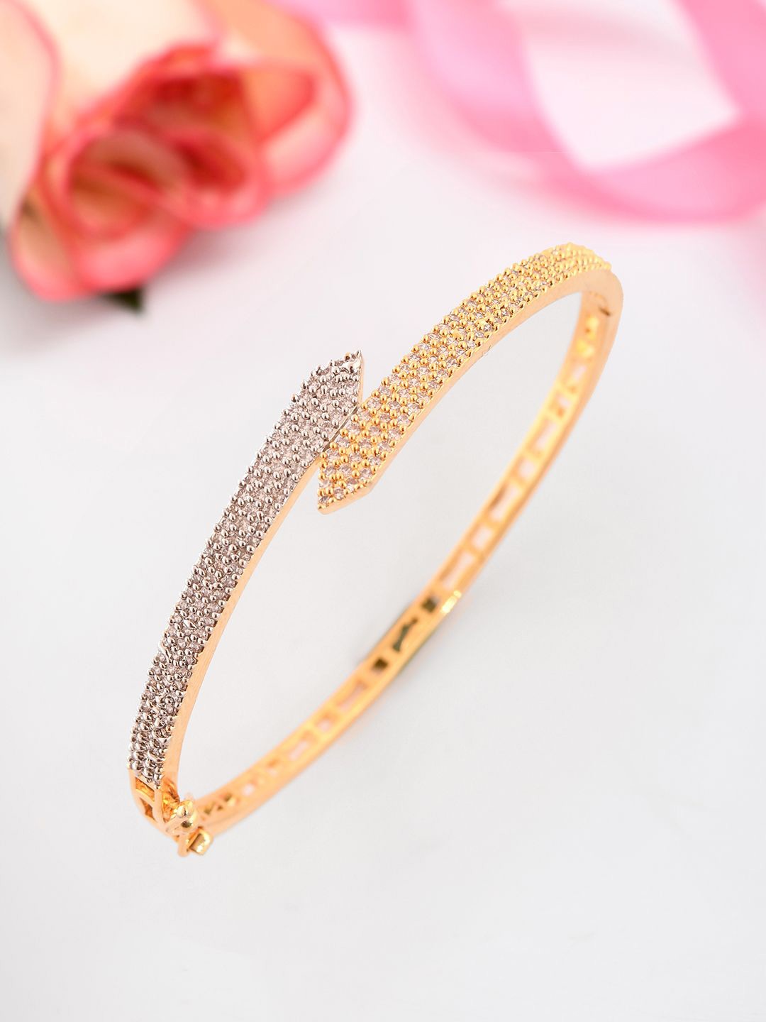 

Voylla Gold-Plated Dazzling Dual Tone American Diamond Stone Studded Cuff Bracelet