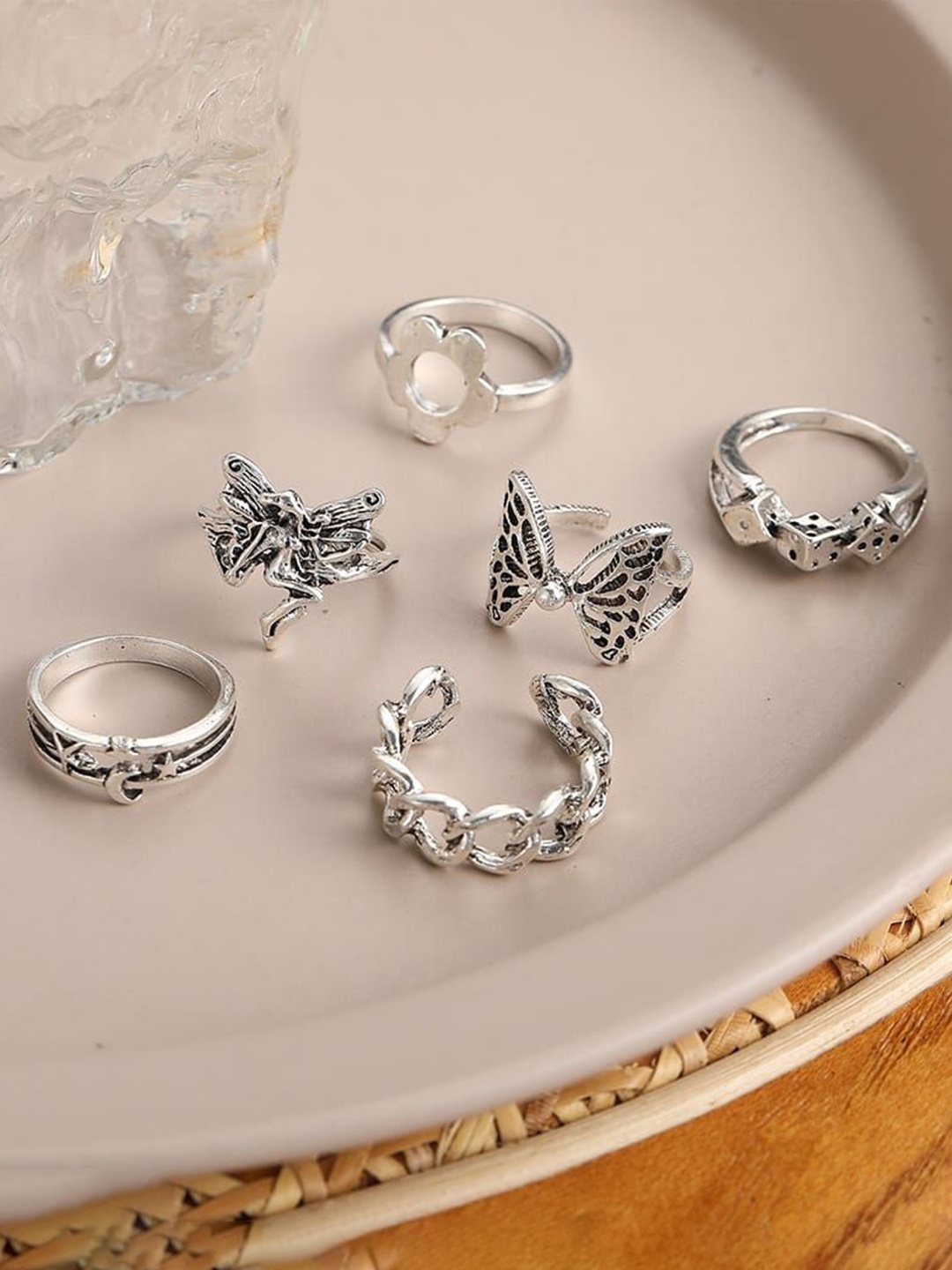 

YU FASHIONS Set Of 6 Sliver-Plated Stainless Steel Finger Ring, Silver