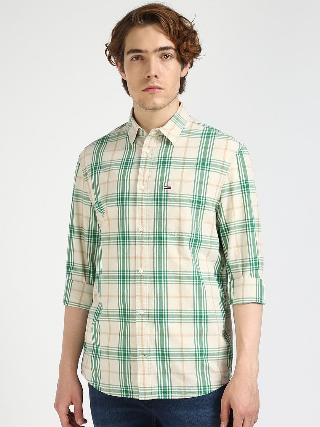 

Tommy Hilfiger Men Spread Collar Tartan Checked Cotton Casual Shirt, Beige