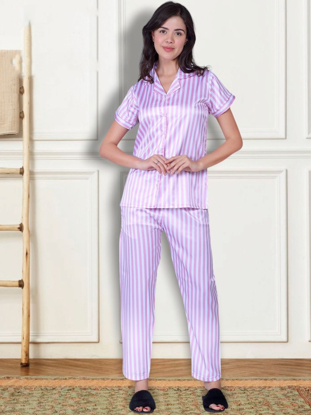 

THE DAILY OUTFITS Women Striped Lapel Collar Night Suit, Pink