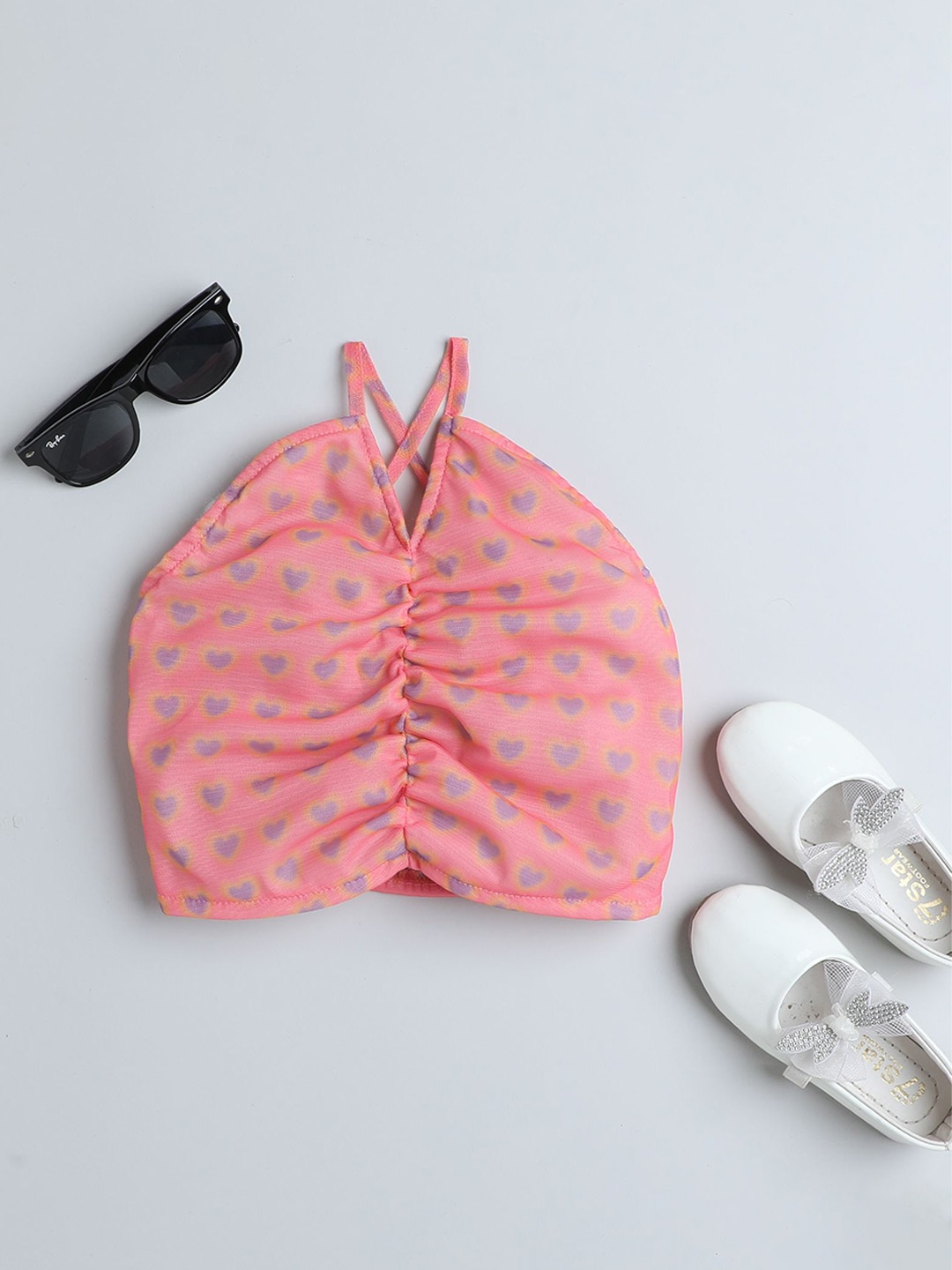 

taffykids Girls Printed Sleeveless Front Ruched Fitted Crop Top, Peach