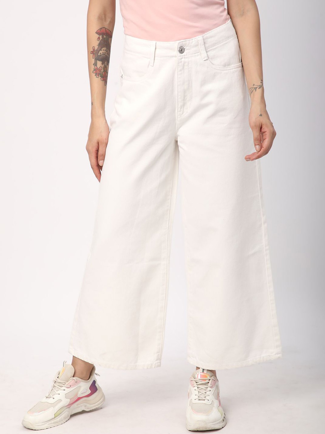 

R&B Women Cotton Wide Leg High-Rise Jeans, White