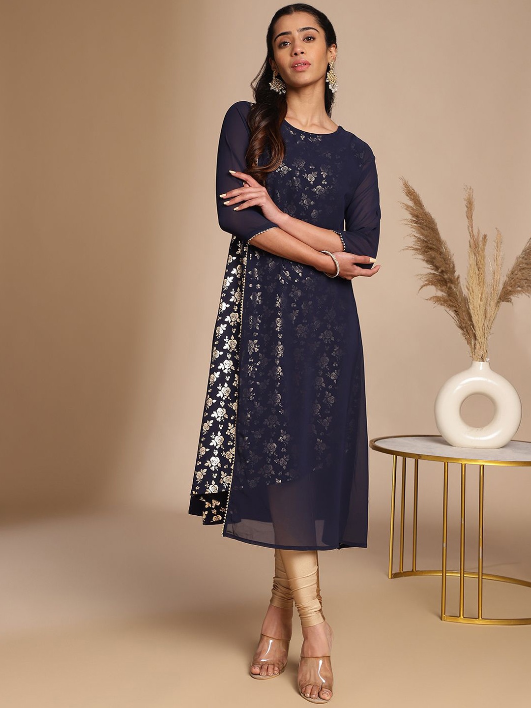 

KALINI Floral Printed Gotta Patti Crepe A-Line Kurta, Navy blue