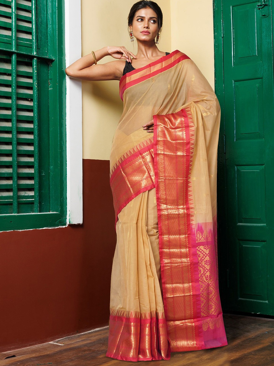 

Unnati Silks Woven Design Zari Pure Cotton Gadwal Saree, Beige