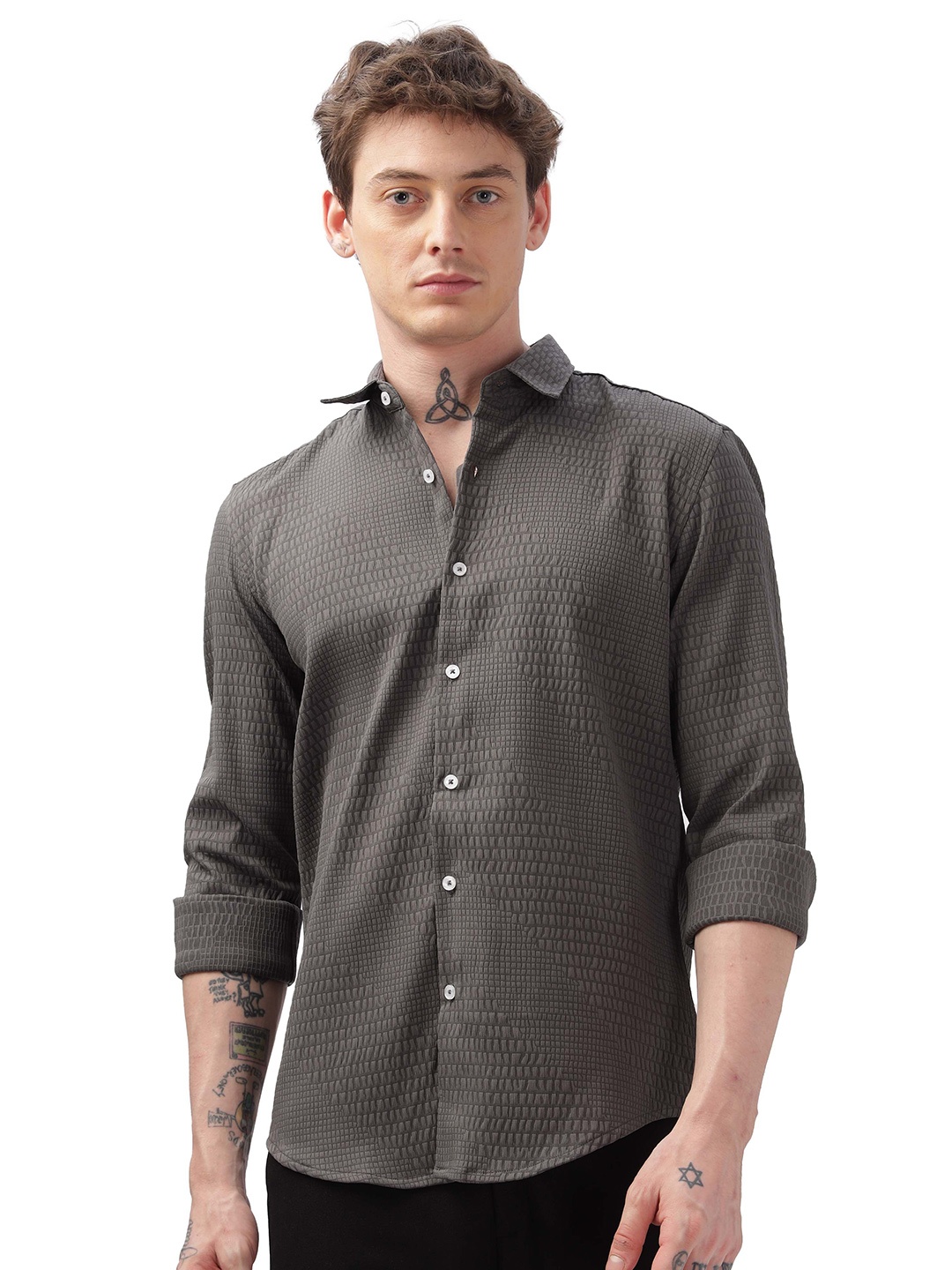 

ilyzly Men Standard Spread Collar Solid Cotton Casual Shirt, Grey