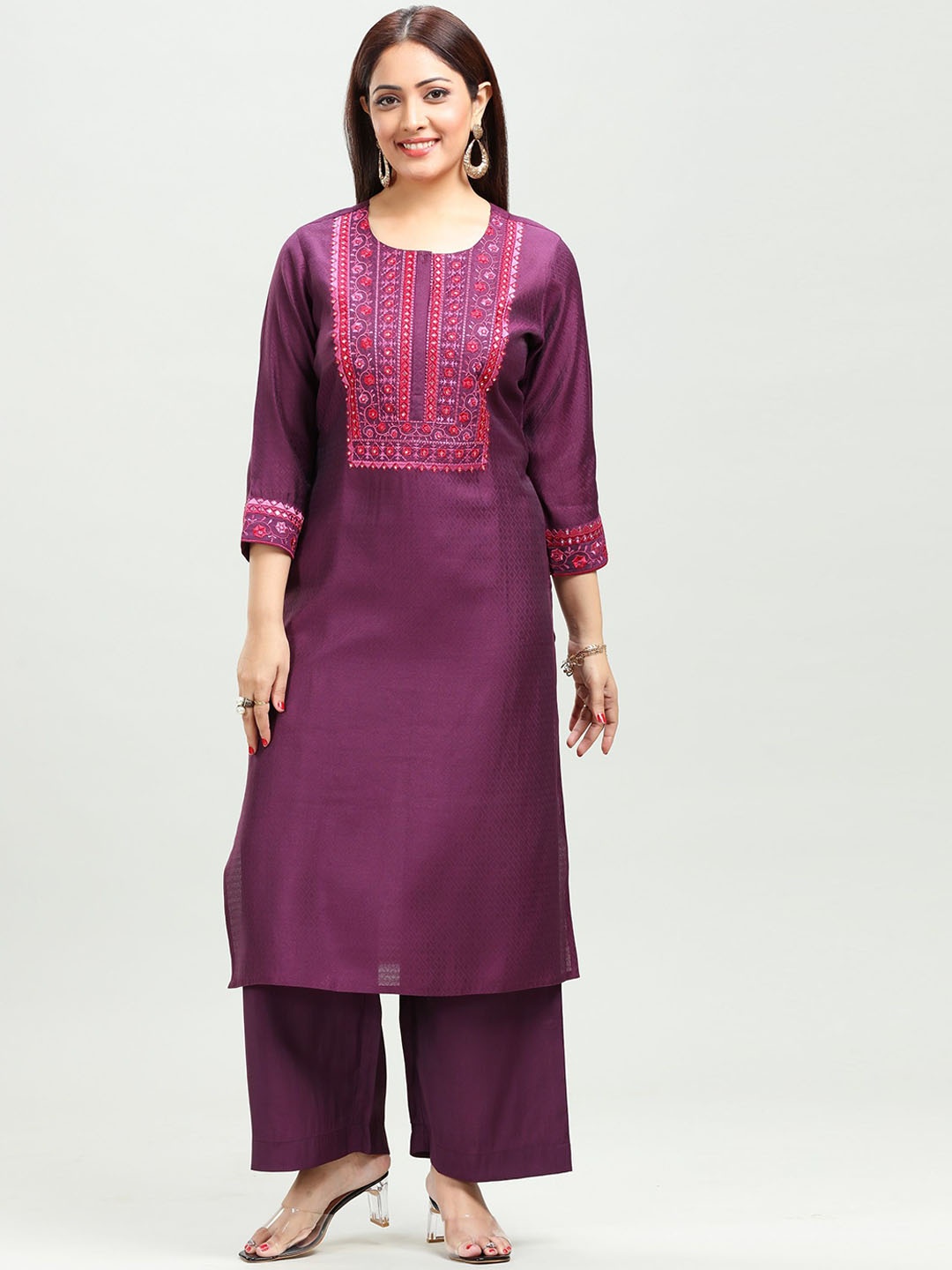 

COTTON CULTURE Floral Embroidered Pure Silk Straight Kurta With Palazzos, Pink