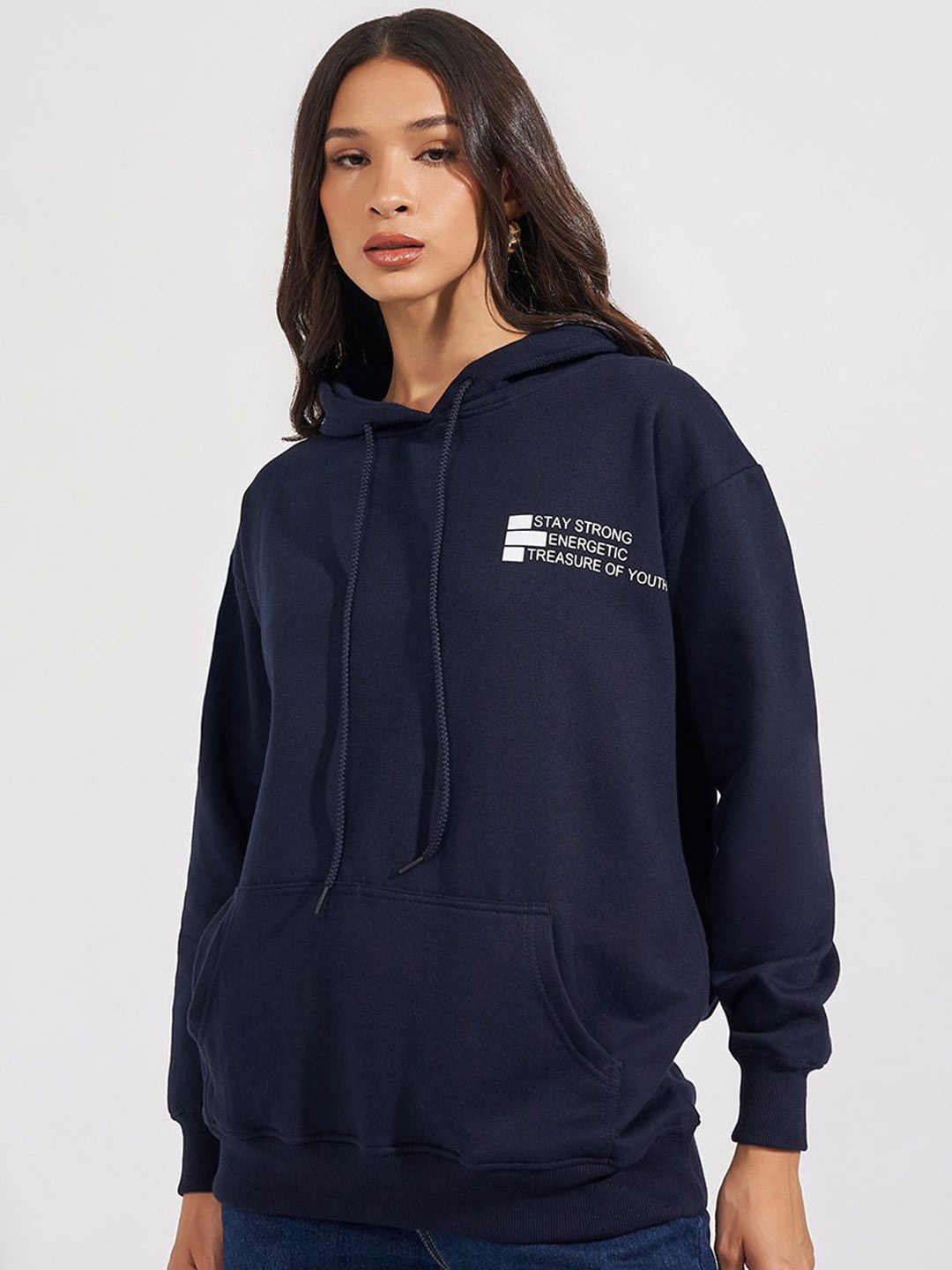 

Styli Women Regular Fit Longline Slogan Print Hoodie, Navy blue