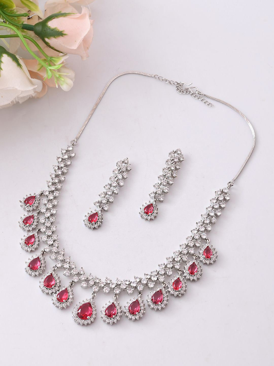 

Voylla Rhodium-Plated American Diamond Studded Jewellery Set, Silver