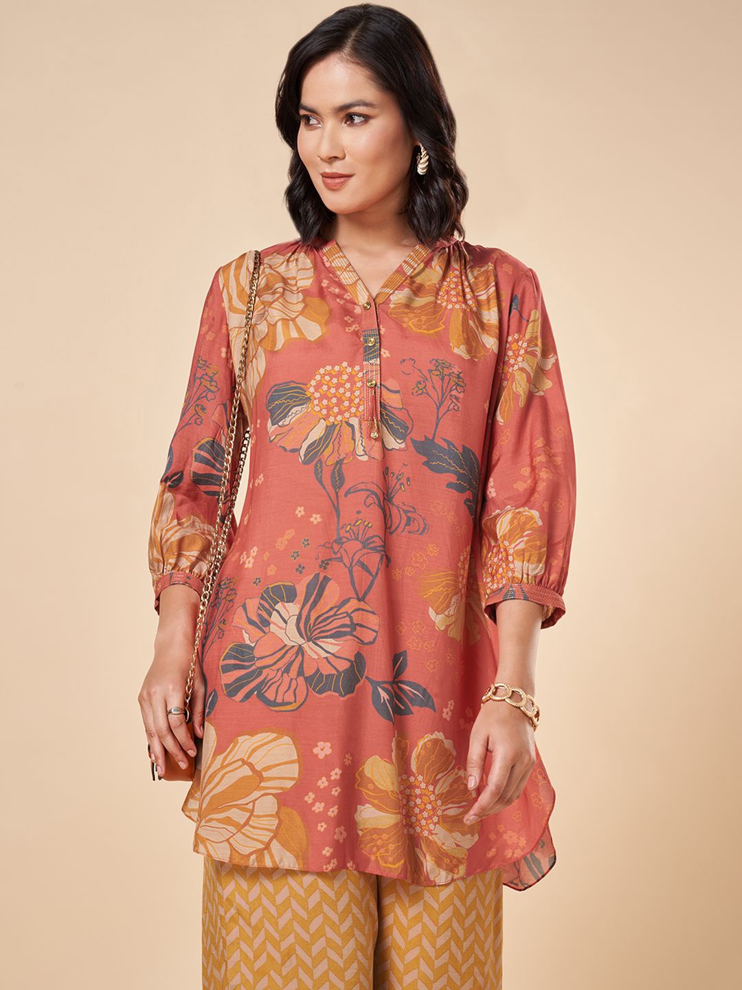 

Marigold Lane Women Modal Printed V-Neck Tunic, Orange
