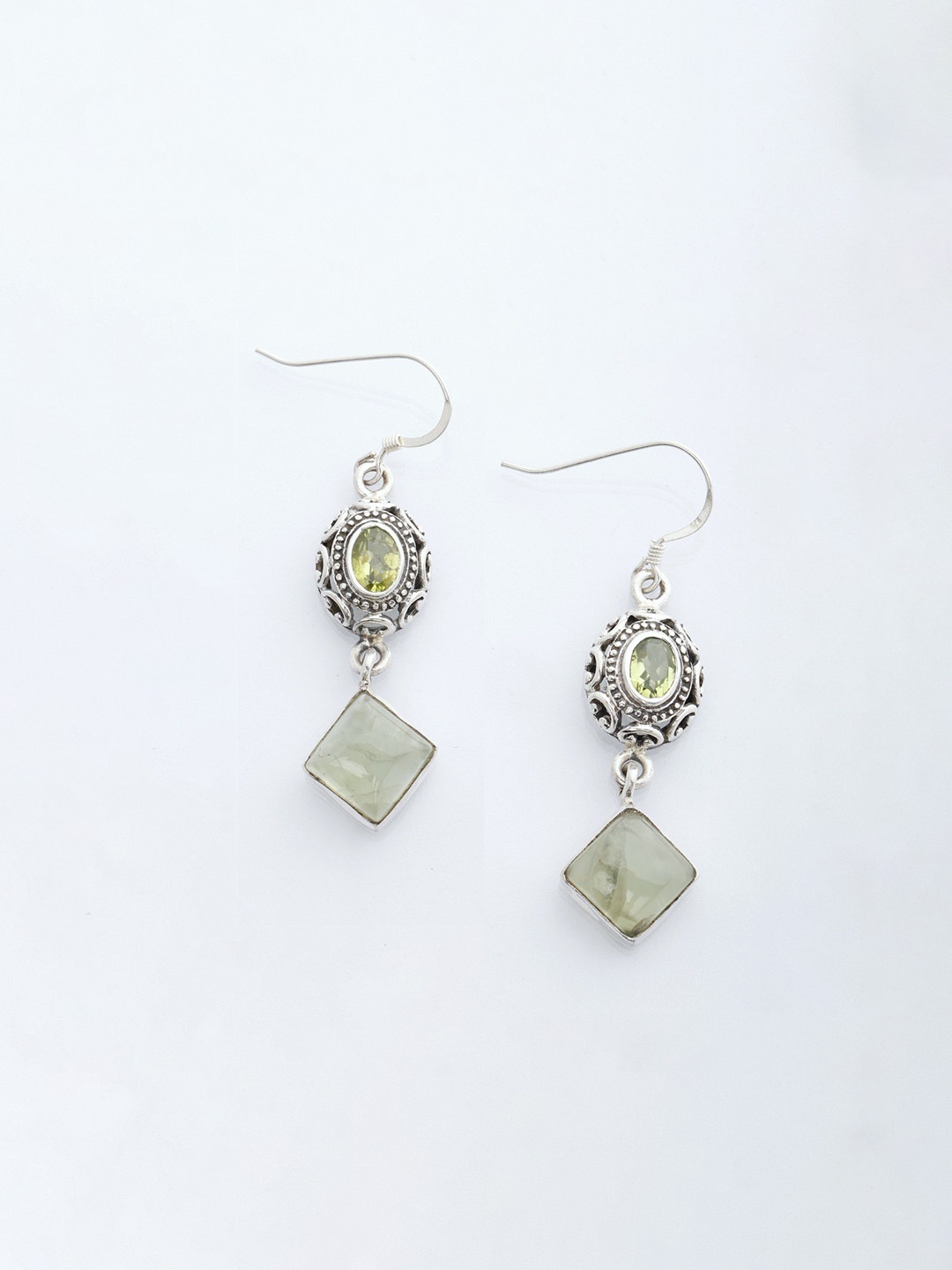 

Exotic India Sterling Silver Prehnite Hook Earrings with Faceted Peridot, White