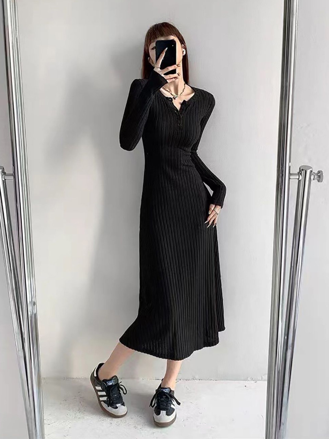 

StyleCast x Revolte Women Striped Sheath Midi Dress, Black