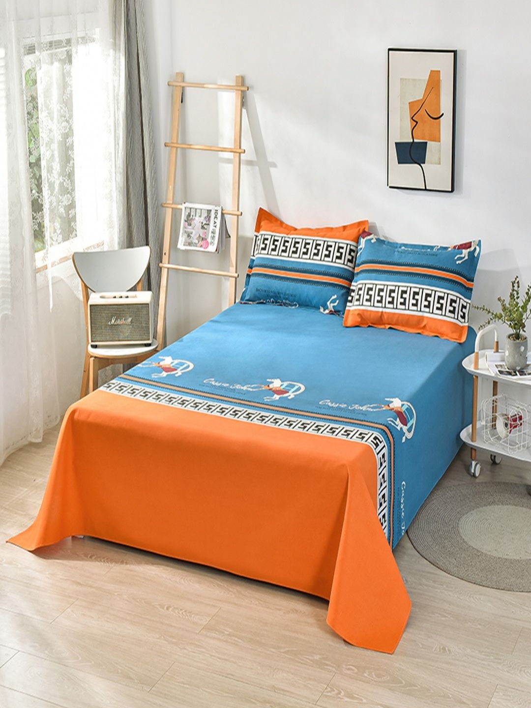 

JC HOME Blue & Orange Ethnic Motifs Single Bedsheet with 1 Pillow Covers