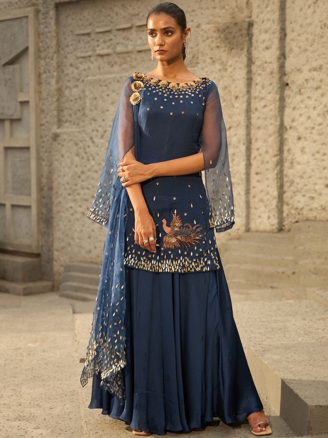 

Shreeka Women Ethnic Motifs Embroidered Kurta With Sharara & Dupatta, Blue