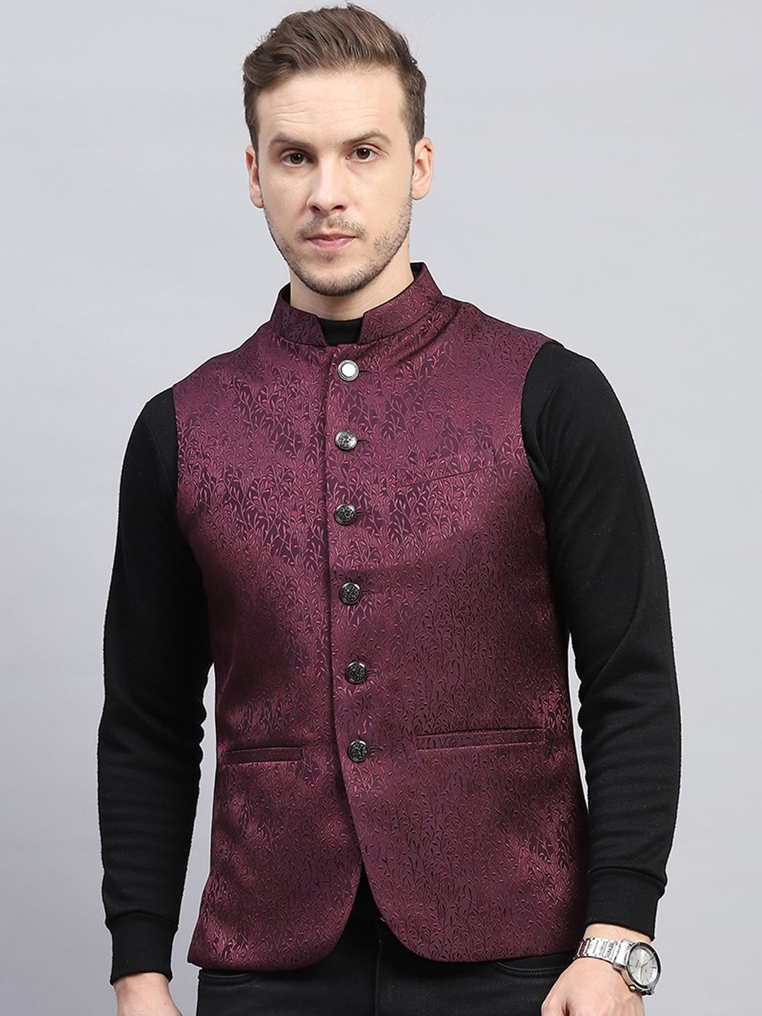 

Monte Carlo Men Woven Design Nehru Jacket, Purple