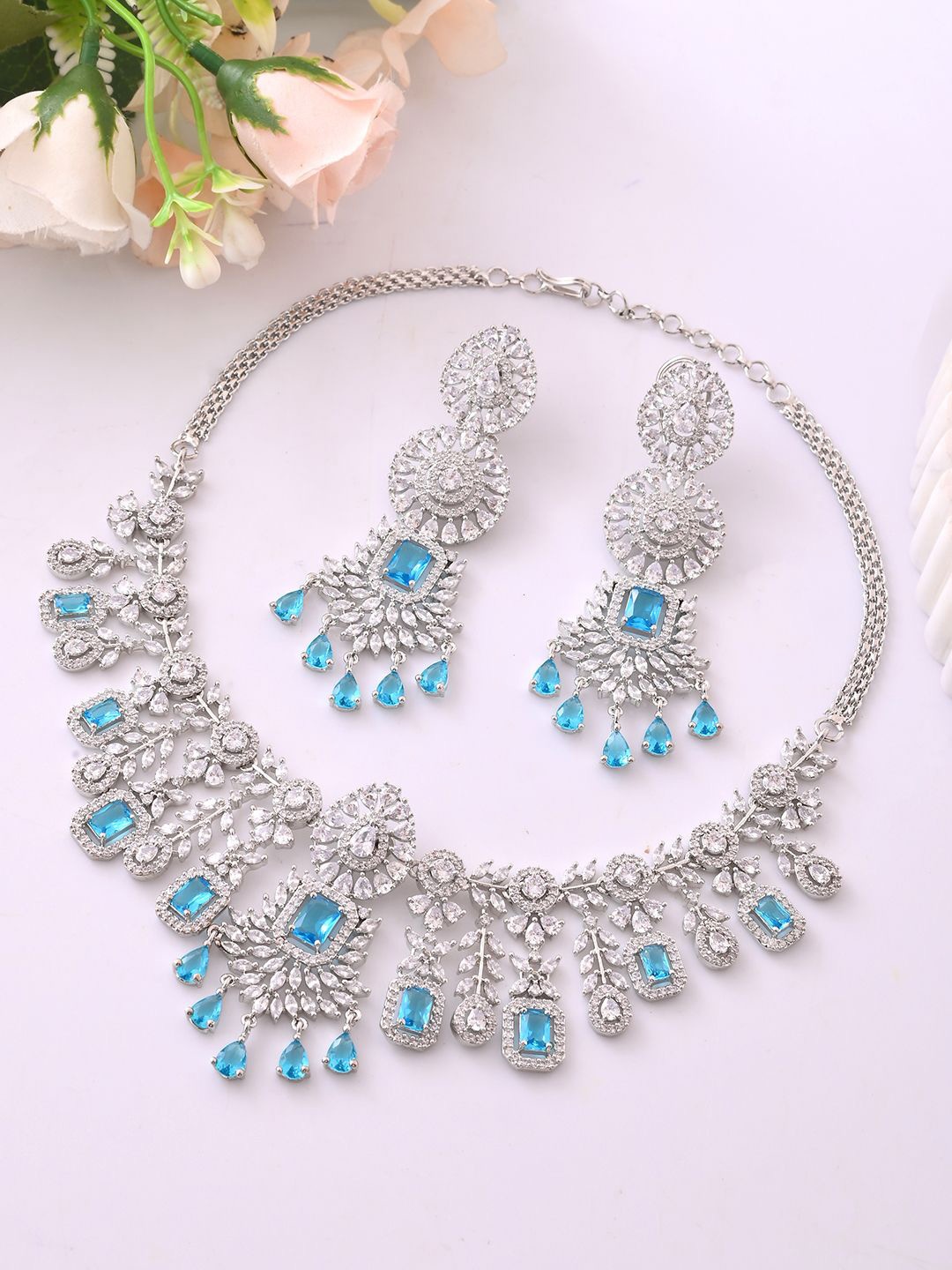 

Voylla Rhodium-Plated American Diamond Stone Studded Jewellery Set, Silver