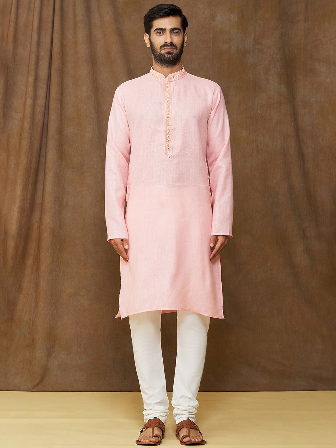 

Samyukta Singhania Mandarin Collar Thread Work Linen Cotton Straight Kurta with Churidar, Pink