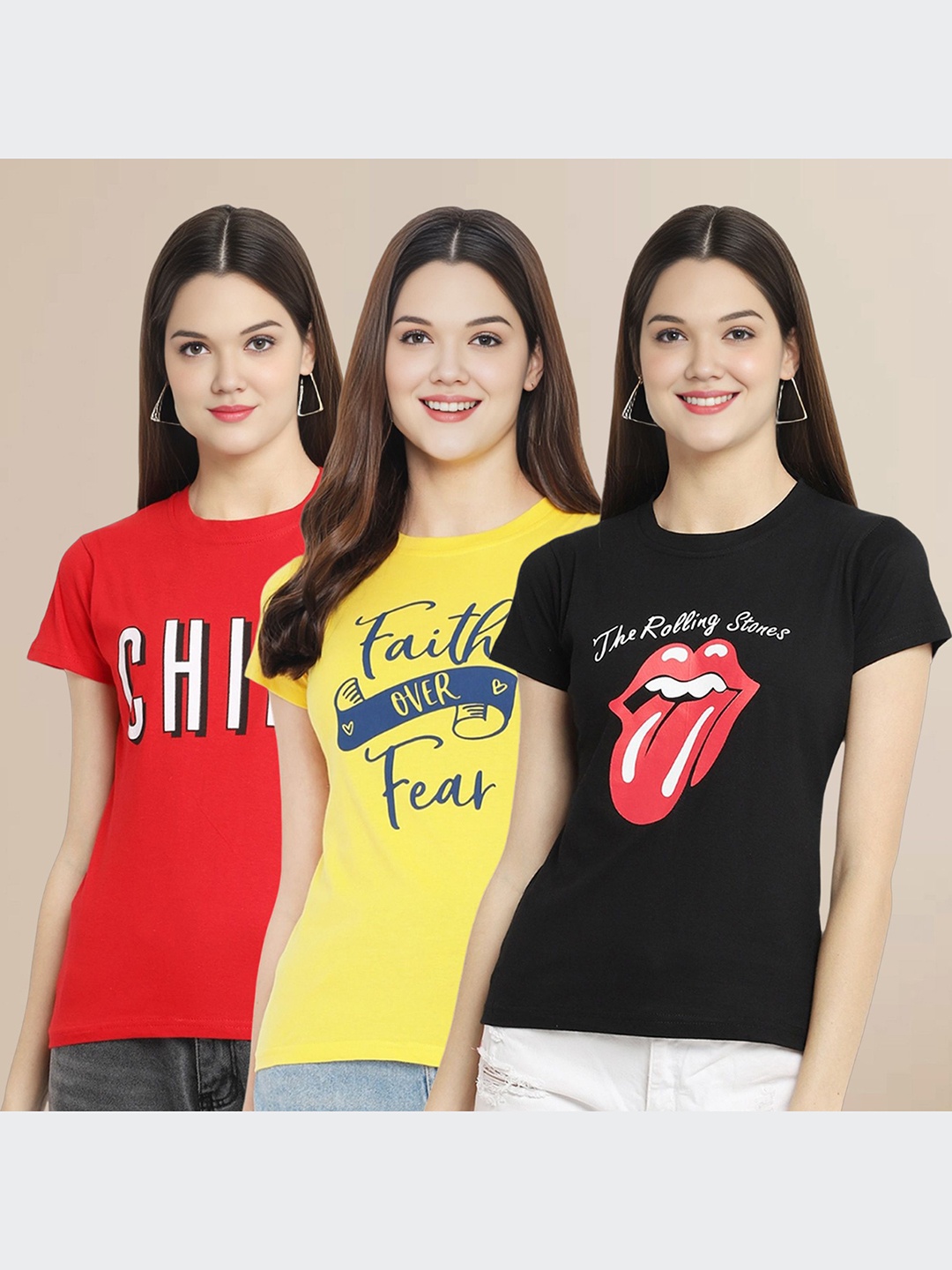 

Metronaut Women Pack Of 3 Typography Printed Round Neck Cotton T-shirts, Red