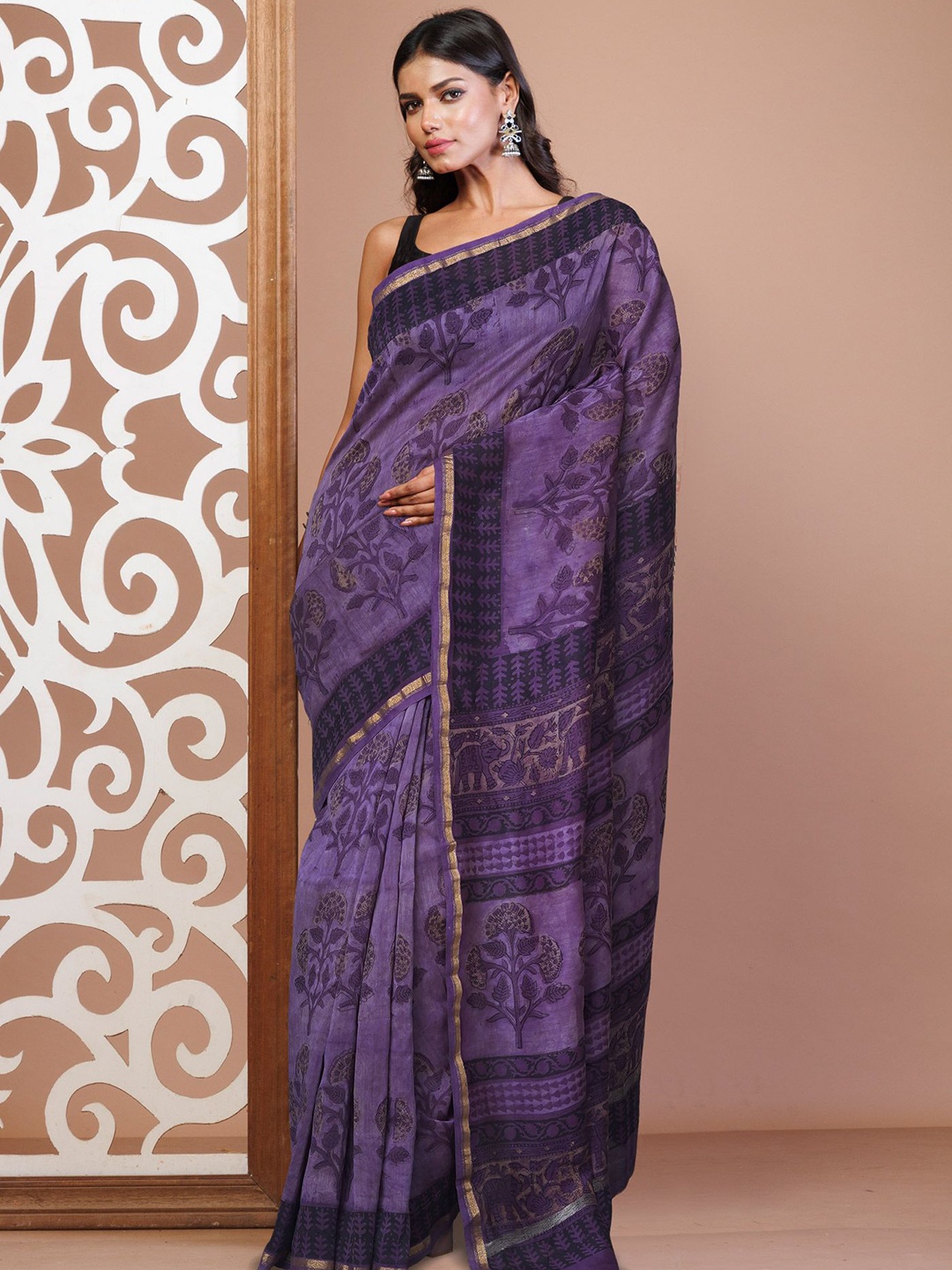 

Unnati Silks Floral Printed Handloom Chanderi Saree, Violet