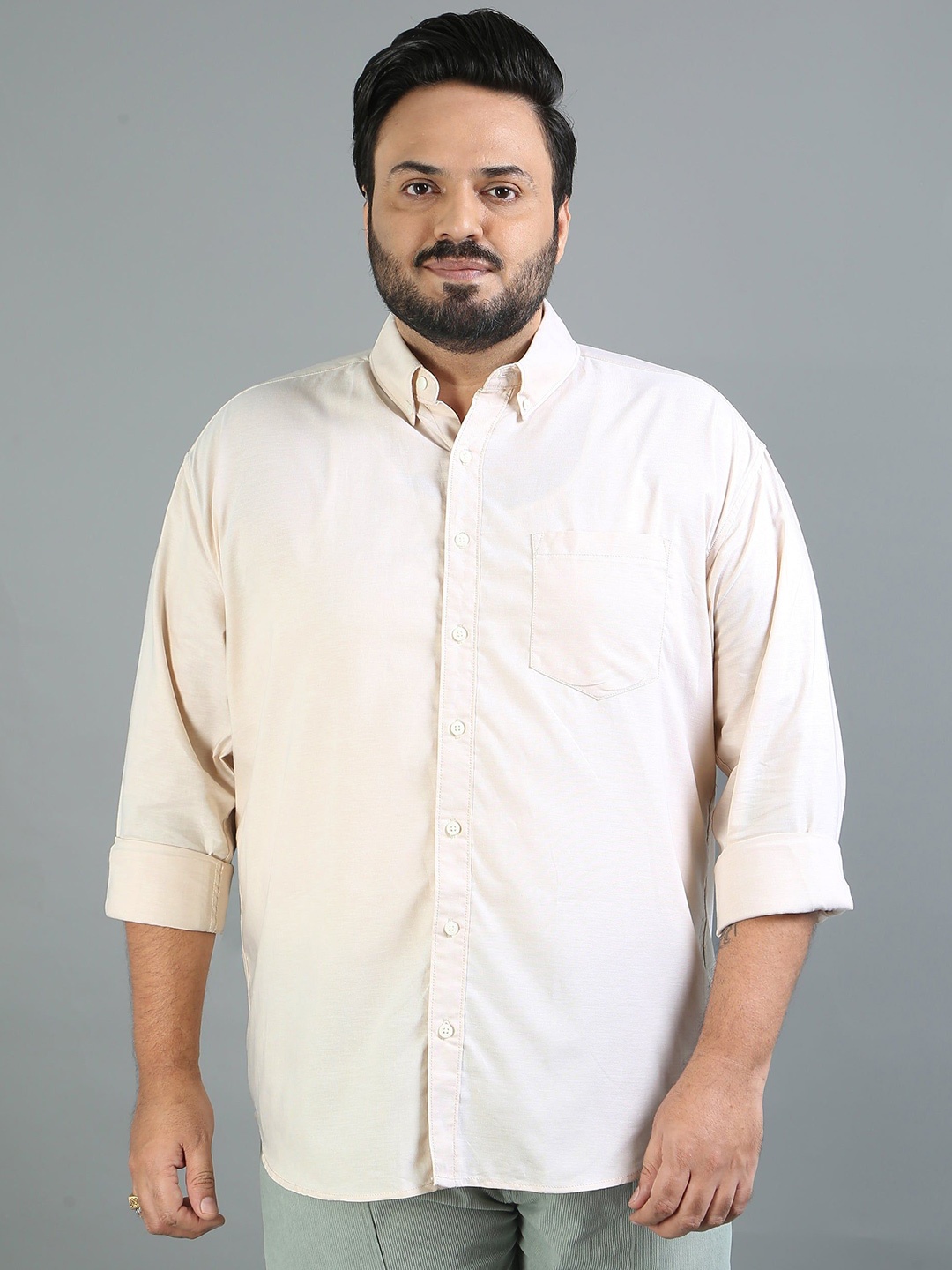 

HOUSE OF MAHNOTS Men Comfort Button-Down Collar Solid Cotton Casual Shirt, Beige