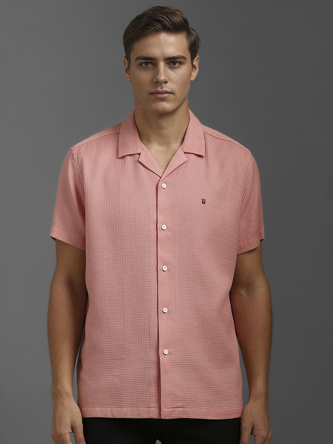 

Louis Philippe Jeans Men Cuban Collar Solid Cotton Slim Fit Casual Shirt, Pink