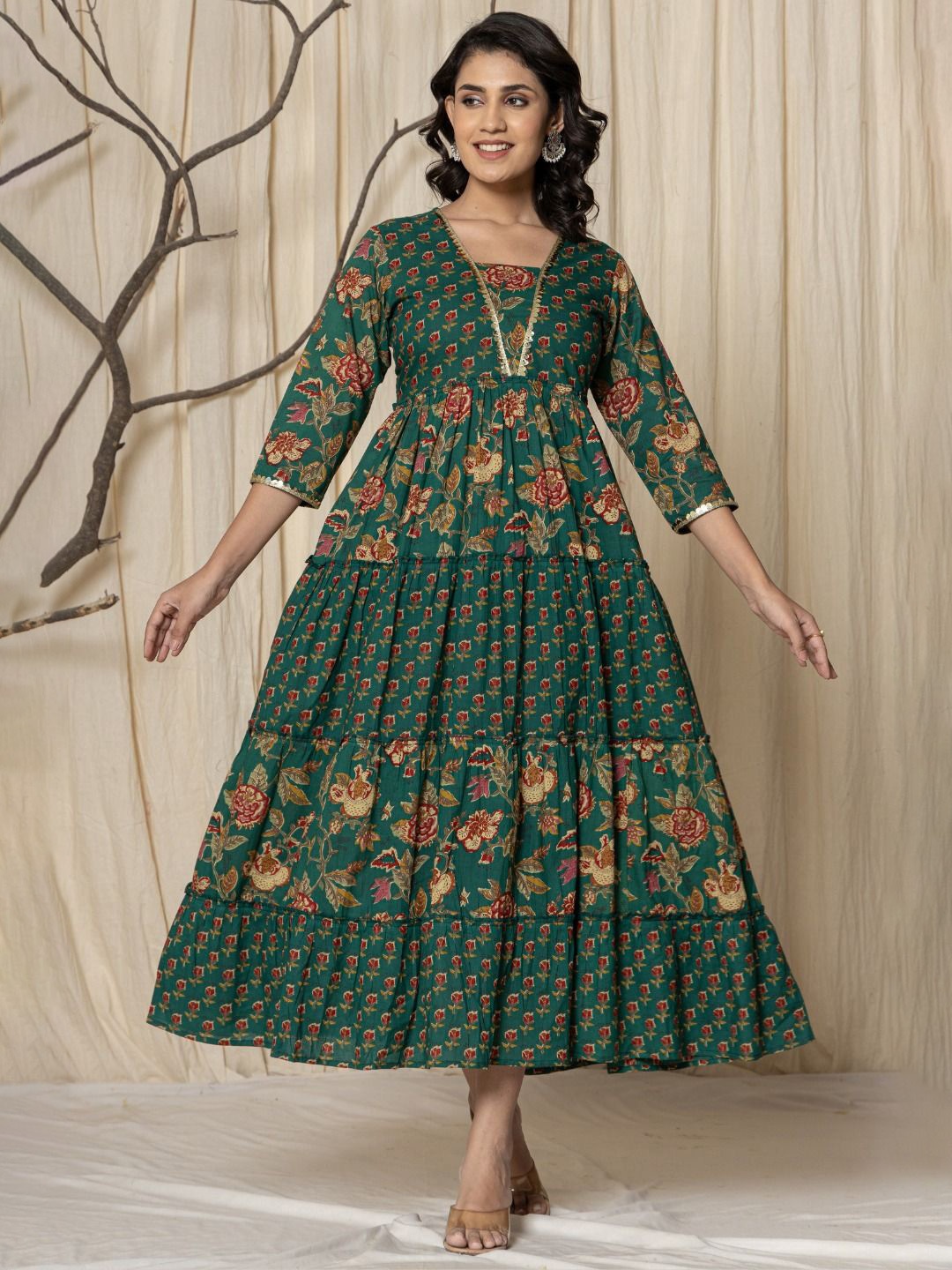 

VEDANA Women Floral Printed Gathered Fit & Flare Cotton Maxi Ethnic Dresses, Green