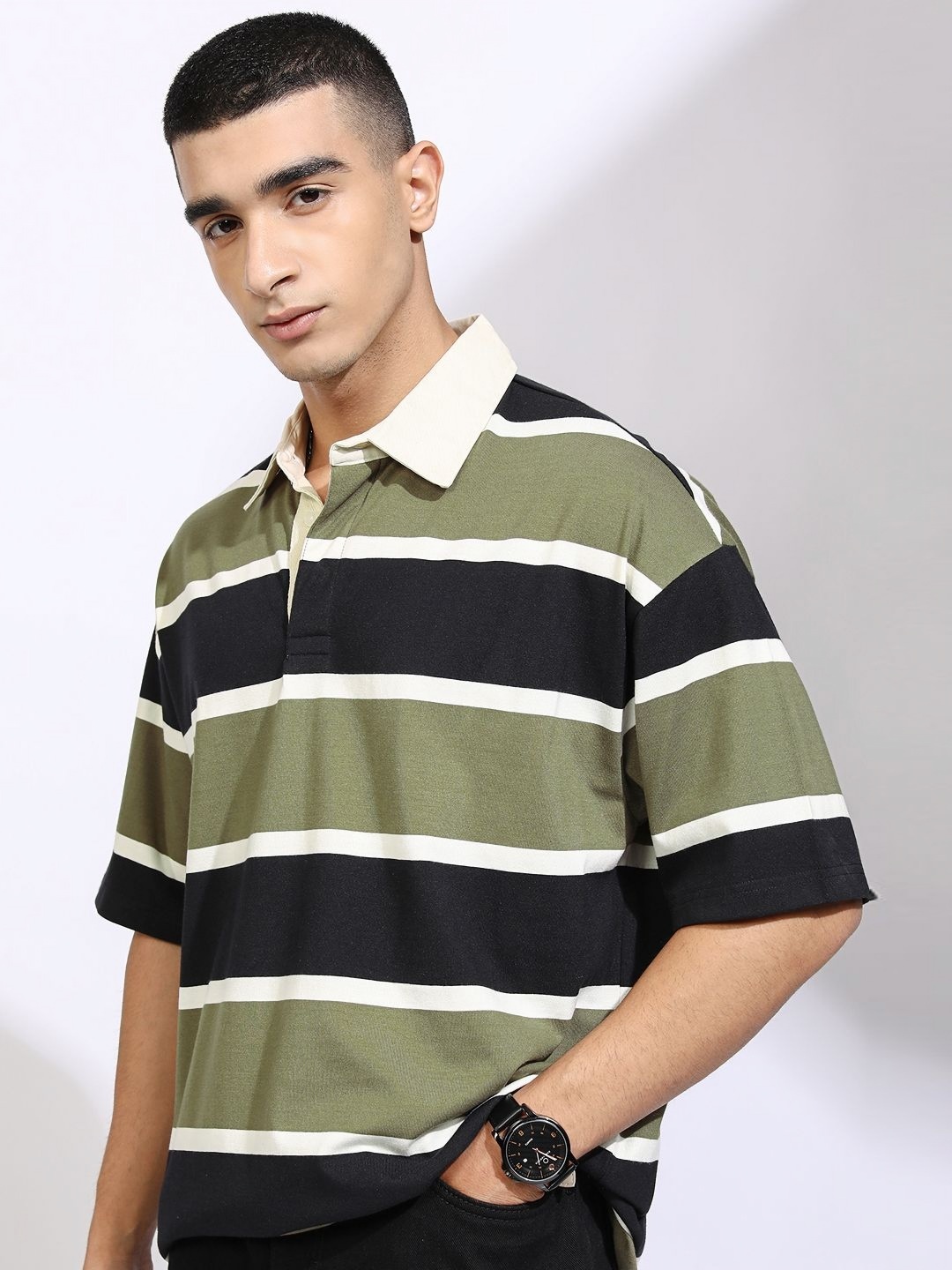 

HIGHLANDER Men Striped Polo Collar Oversized T-shirt, Green