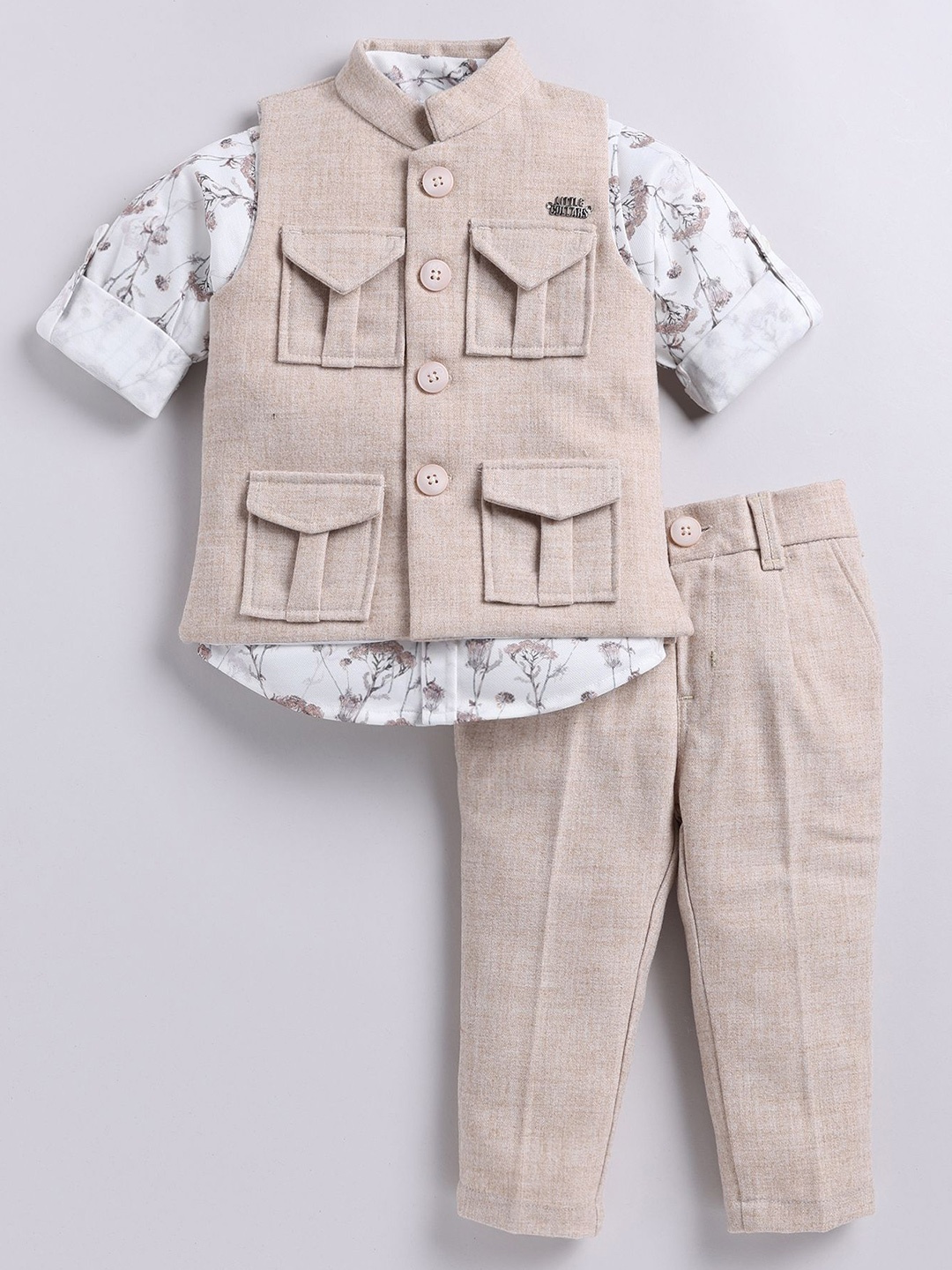 

LITTLE COLLARS Boys Printed 3 Piece Ethnic Suit, Beige