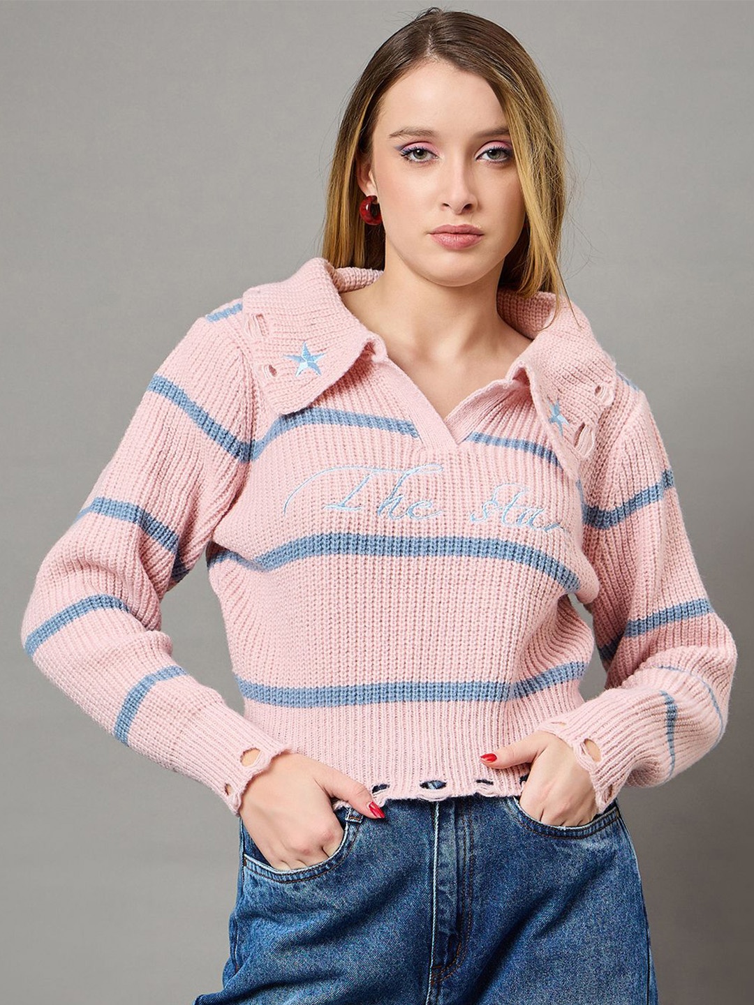 

KASMA Women Striped Self Design Woollen Pullover Sweater, Pink