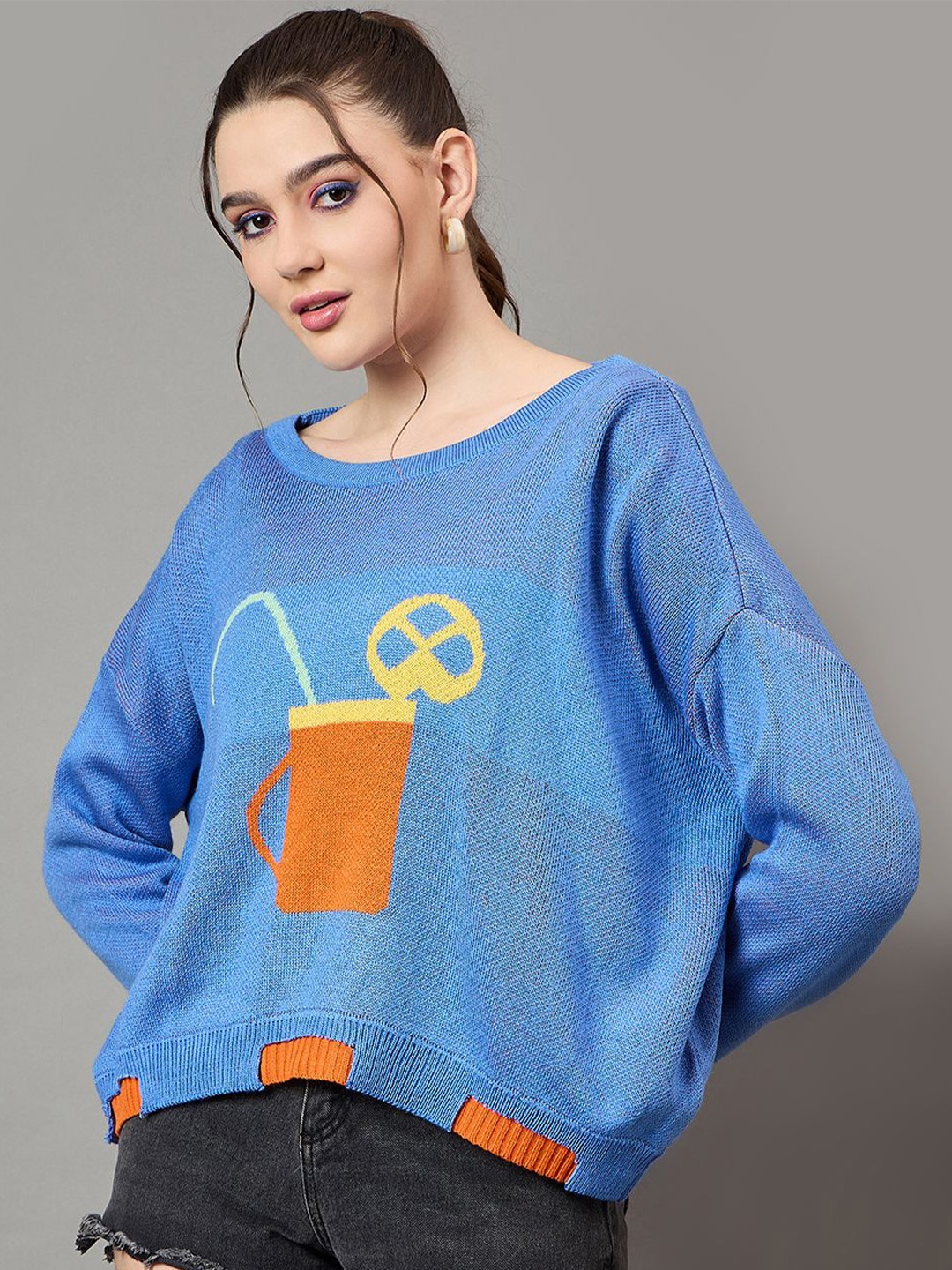 

KASMA Women Printed Woollen Pullover Sweater, Blue