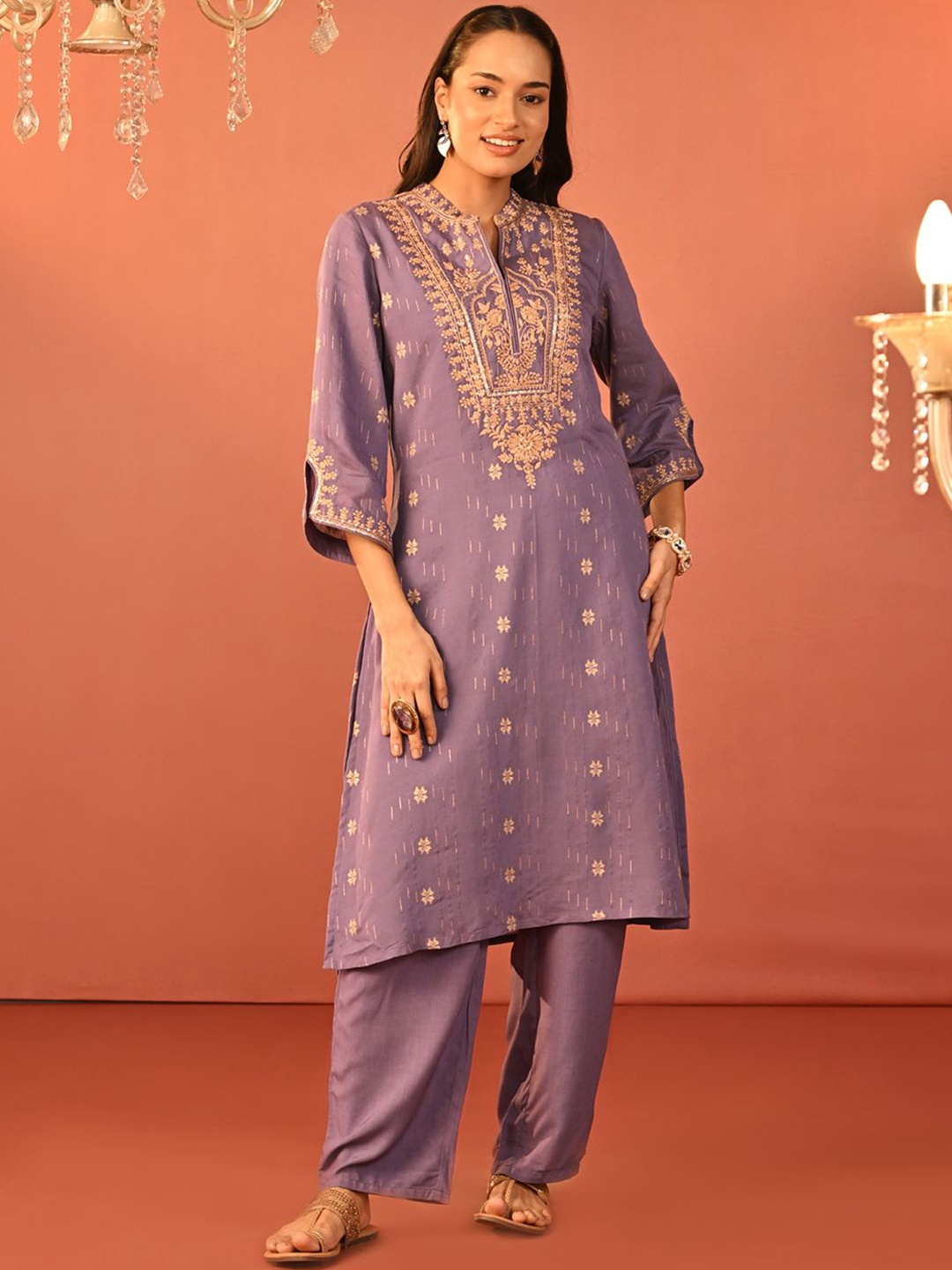 

Lakshita Embroidered Mandarin Collar Three-Quarter Sleeves Top With Trouser, Purple